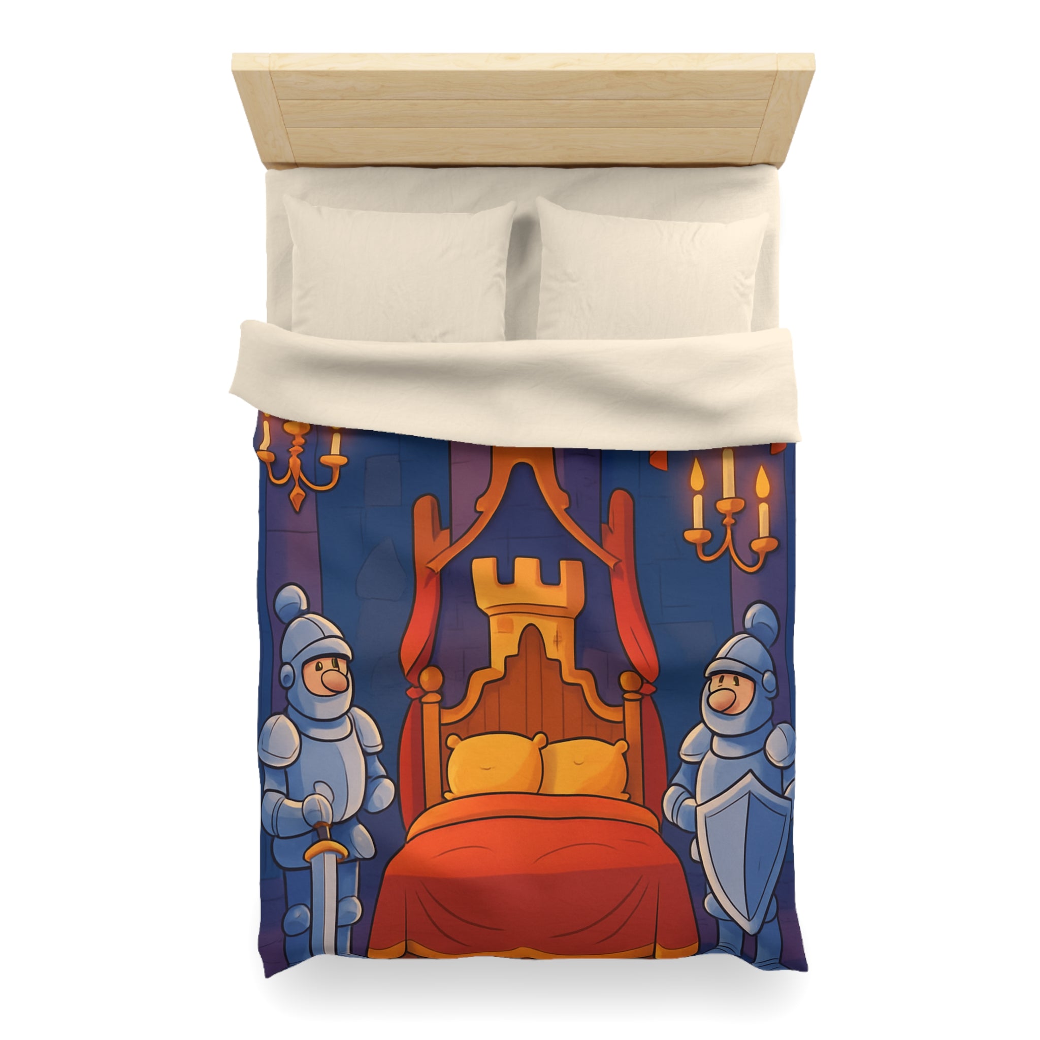 Housse de couette style médiéval avec chevaliers et lit à baldaquin animé