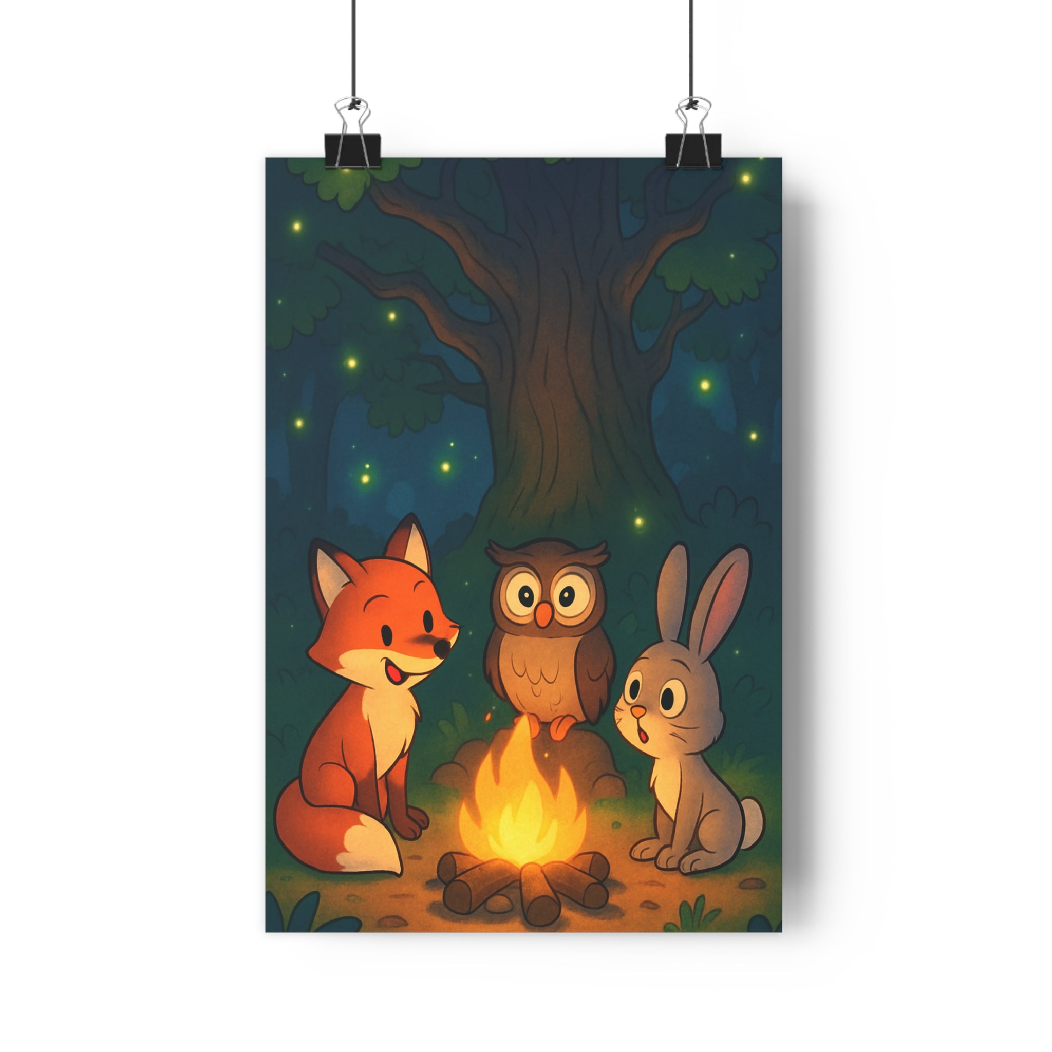 Poster décoratif forêt enchantée cartoon mystique renard hibou lapin chambre enfant ambiance magique chaleureuse