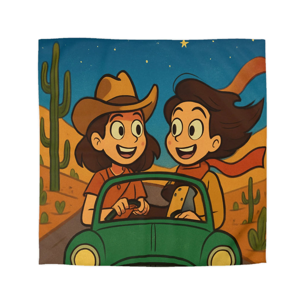 Ensemble Road Trip Enfants Désert Nuit Étoilée Voiture Verte Amusante Illustration Vintage