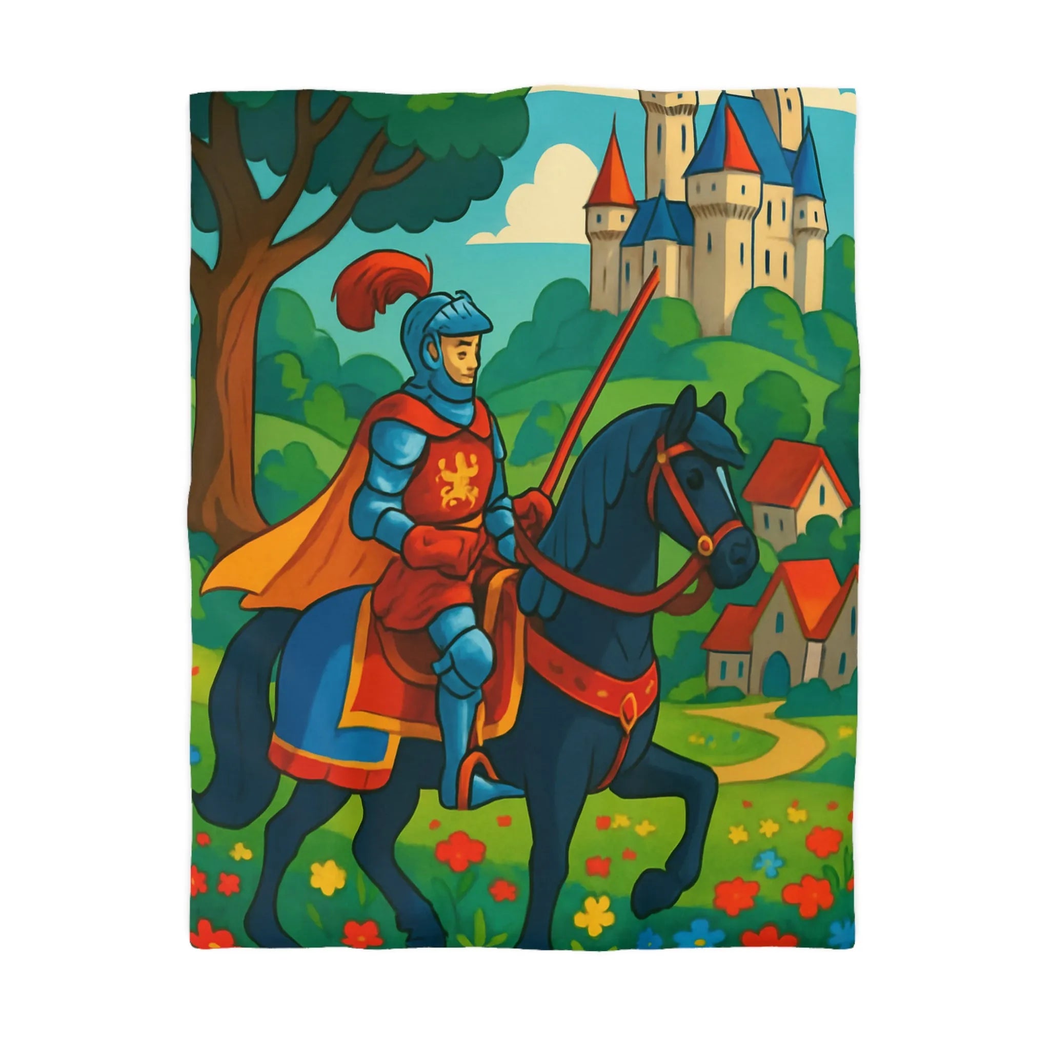 Housse de couette chevalier médiéval illustrée avec château et paysage floral vibrant