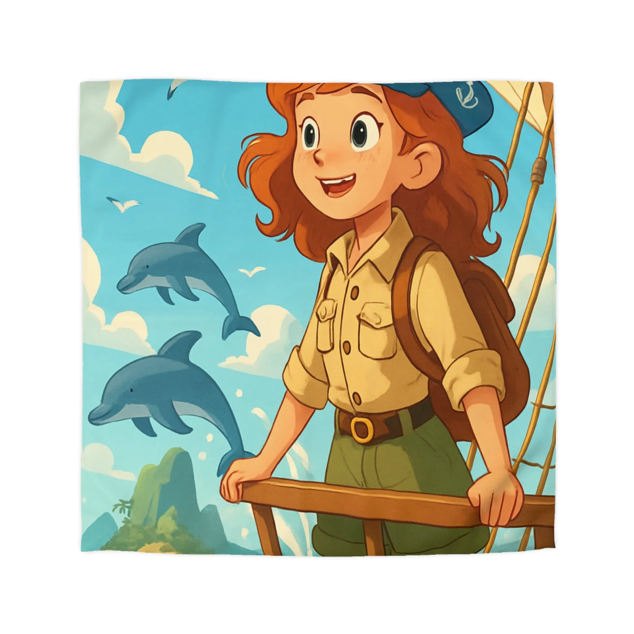 Housse de couette aventure nautique enfantine avec dauphins, voile et exploration marine animée