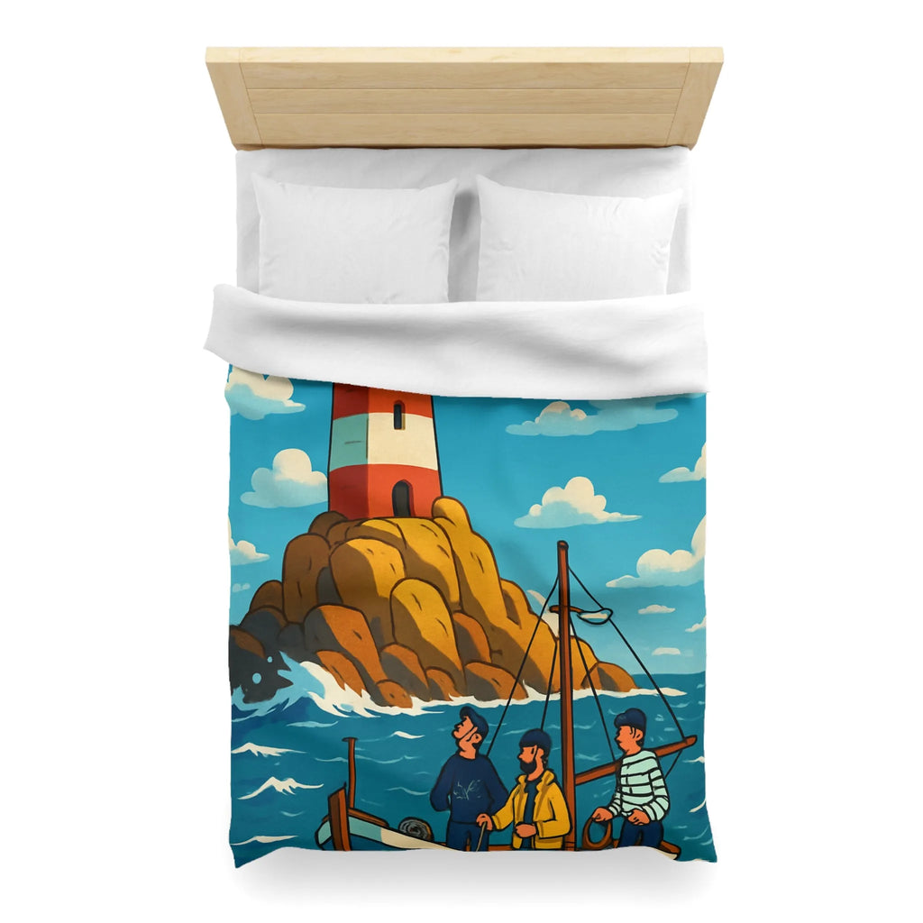 Housse de couette maritime avec phare, bateau et équipage sur mer agitée