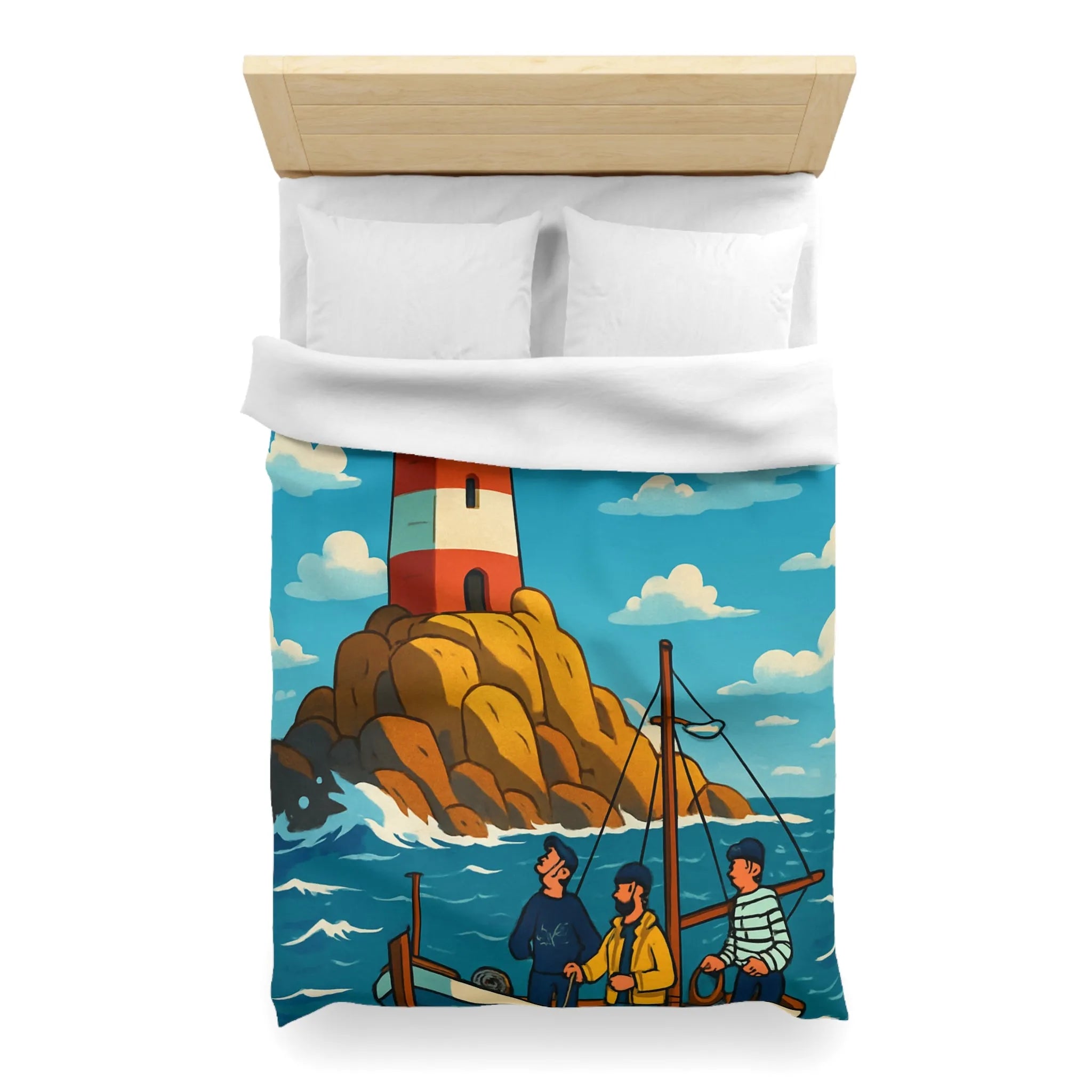 Housse de couette maritime avec phare, bateau et équipage sur mer agitée