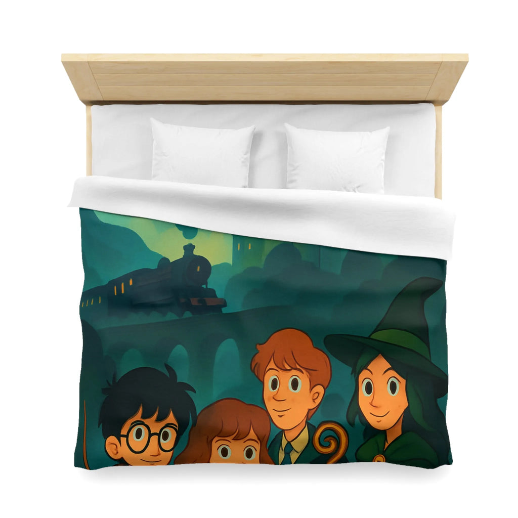 Housse de couette magique avec château et étudiants en sorcellerie dans une forêt enchantée