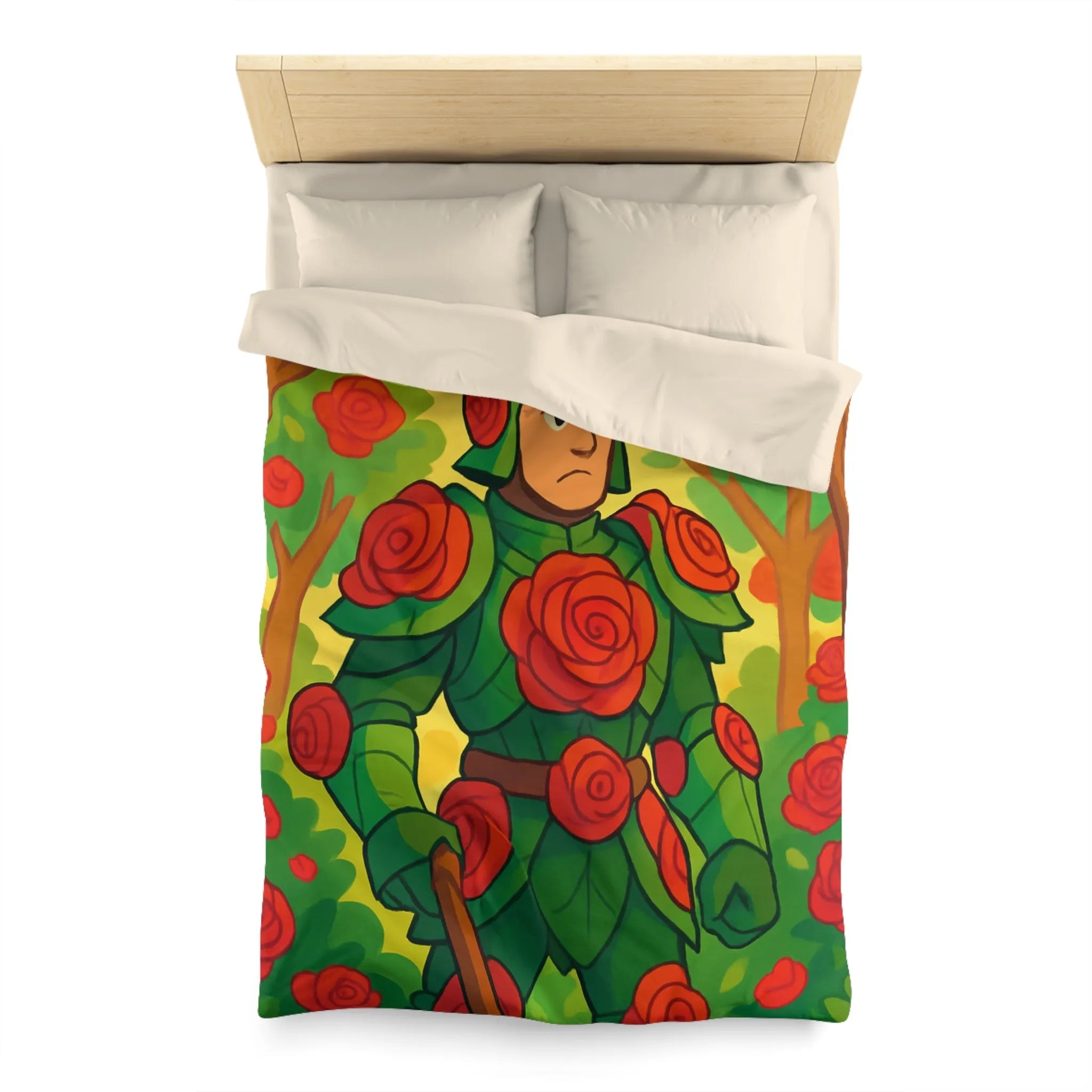 Housse de couette au design chevalier floral avec roses rouges et feuillage vert
