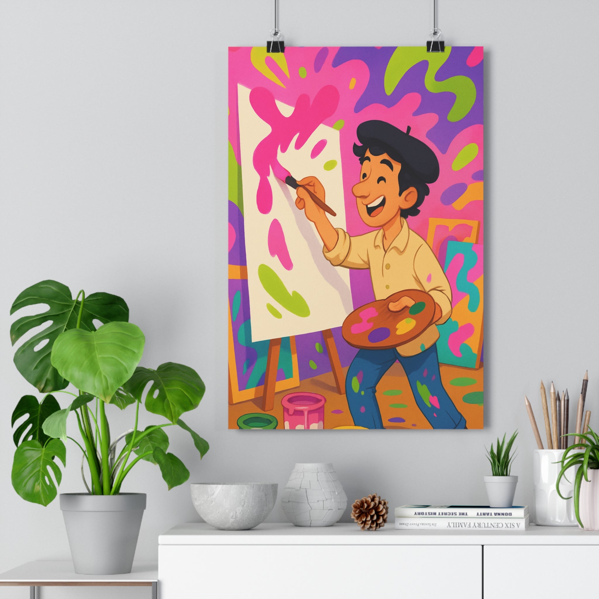 Poster décoratif cartoon rose vert violet joyeux enfant bureau artiste créatif expressif 30x46 cm