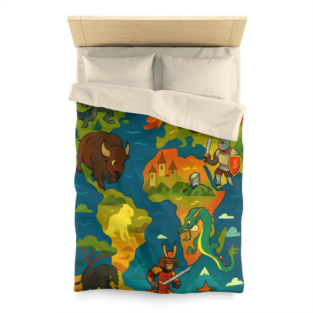 Housse de couette épique avec dragons, samouraïs et créatures légendaires au style coloré.