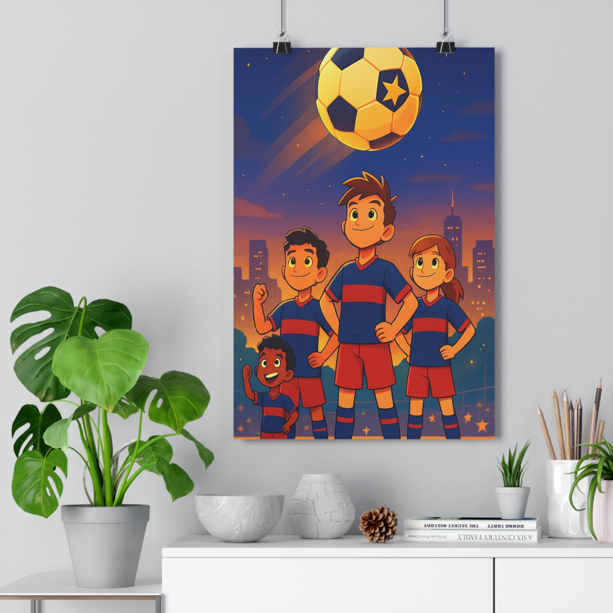 Poster décoratif bleu rouge cartoon joyeux enfants football chambre inspirant dynamique 30x46 dessin qualité