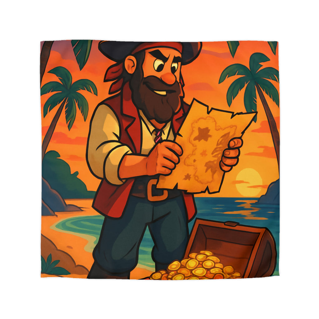 Housse de couette pirate avec coffre au trésor, carte ancienne et palmiers tropicaux