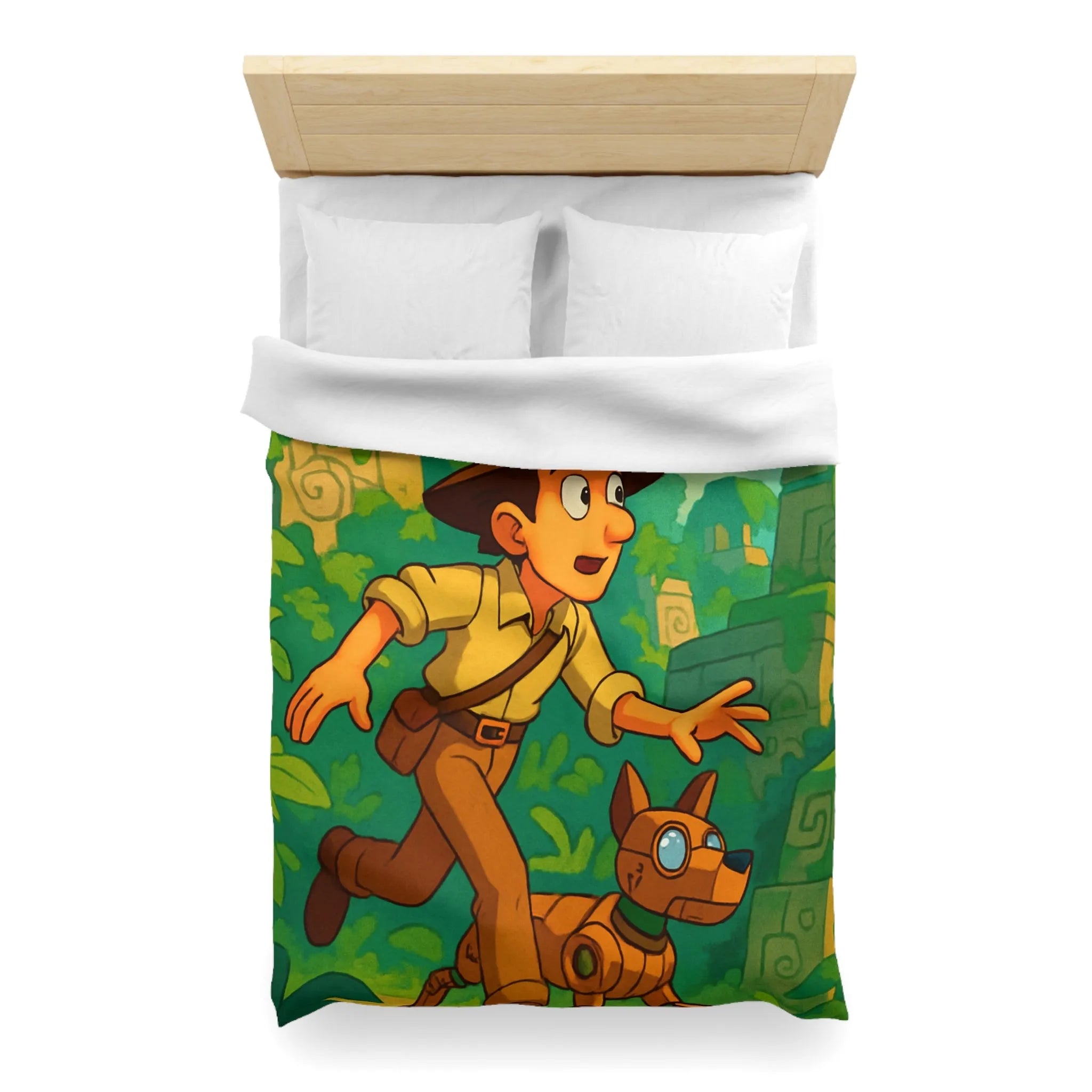 Housse de couette aventure jungle avec personnage explorateur et chien robotique animé