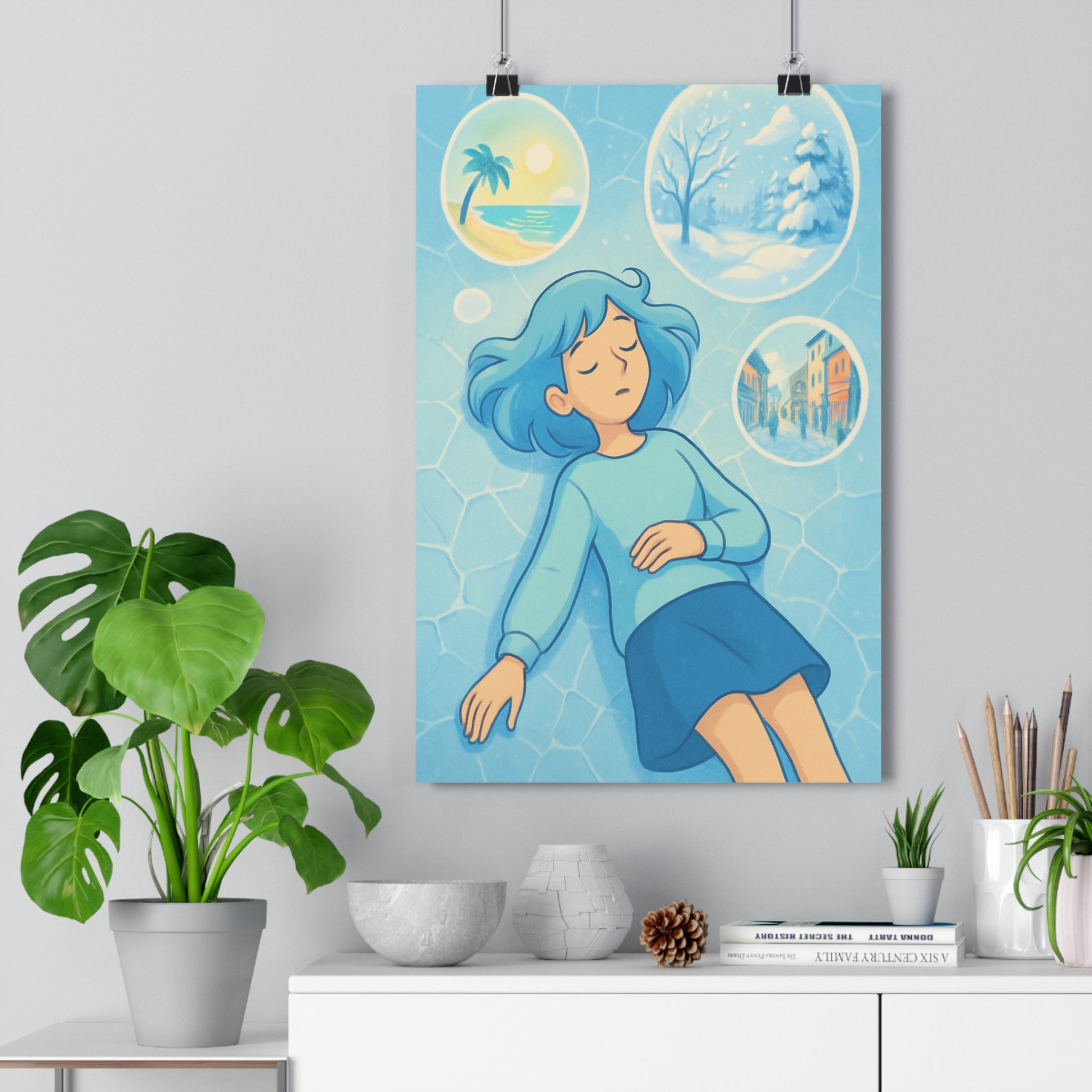 Poster décoratif rêveur artistique bleu doux femme onirique mystique salon chambre apaisant élégant unique