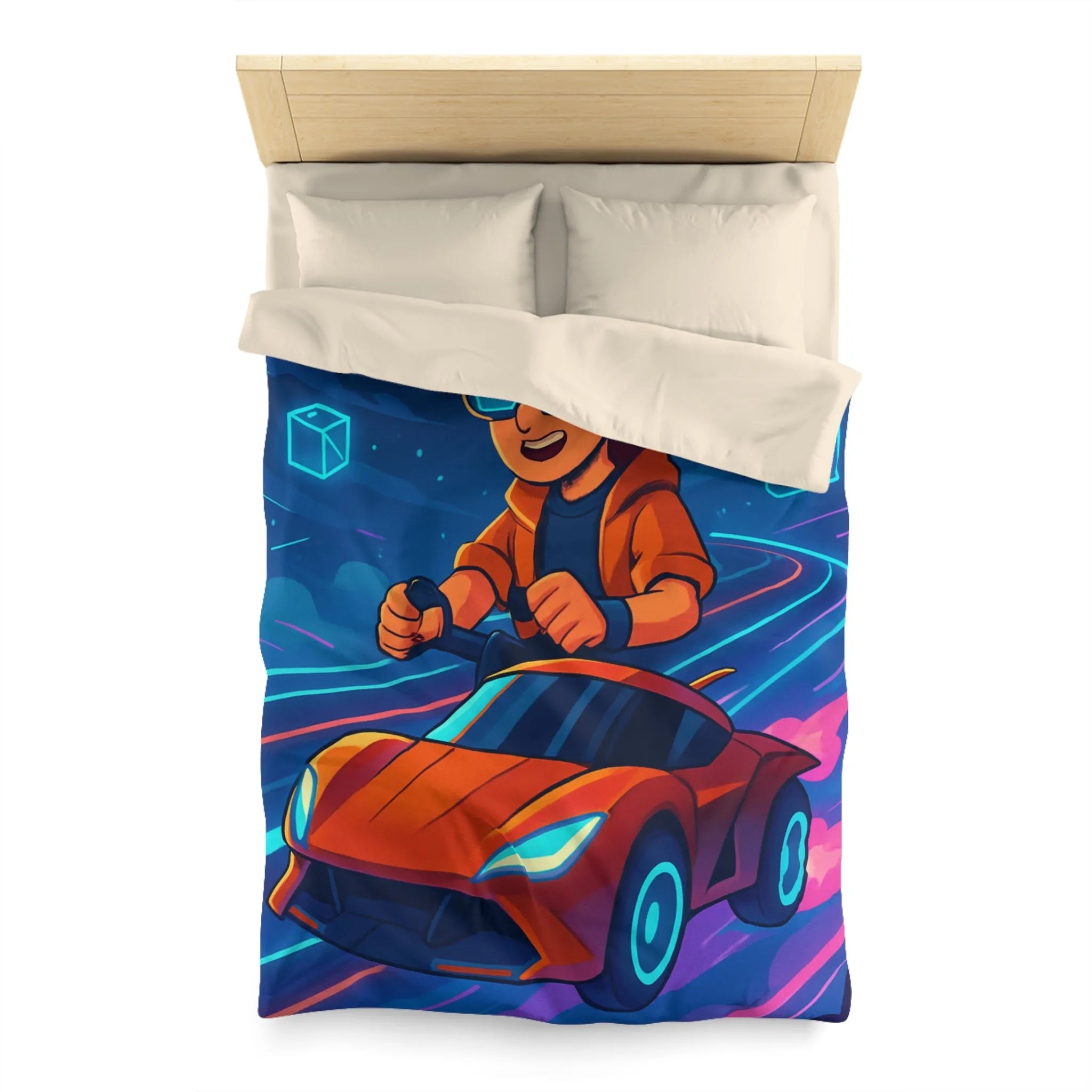 Housse de couette aventure virtuelle : joueur futuriste avec voiture de course dynamique et colorée