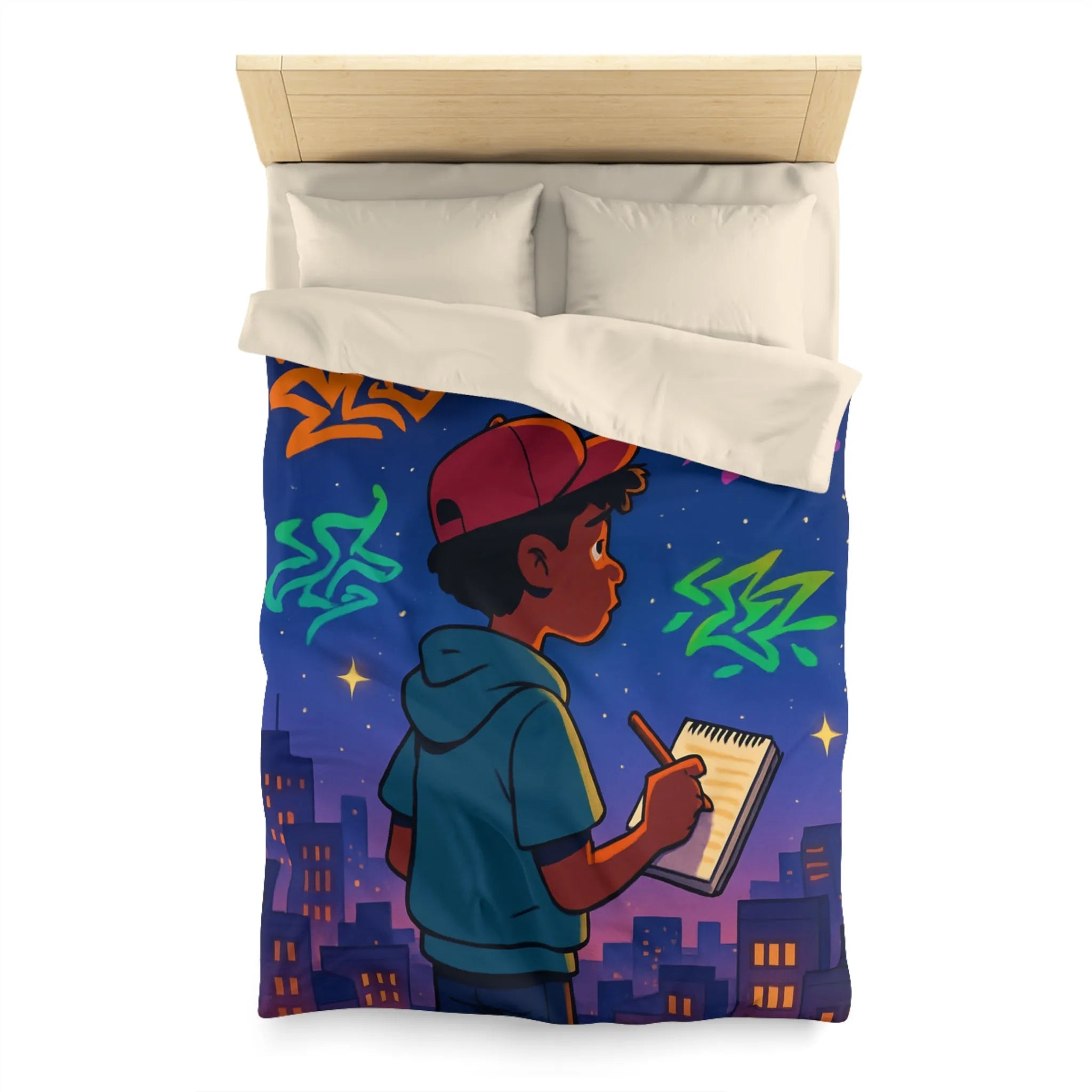 Housse de couette avec jeune artiste dessinant sous un ciel étoilé urbain coloré