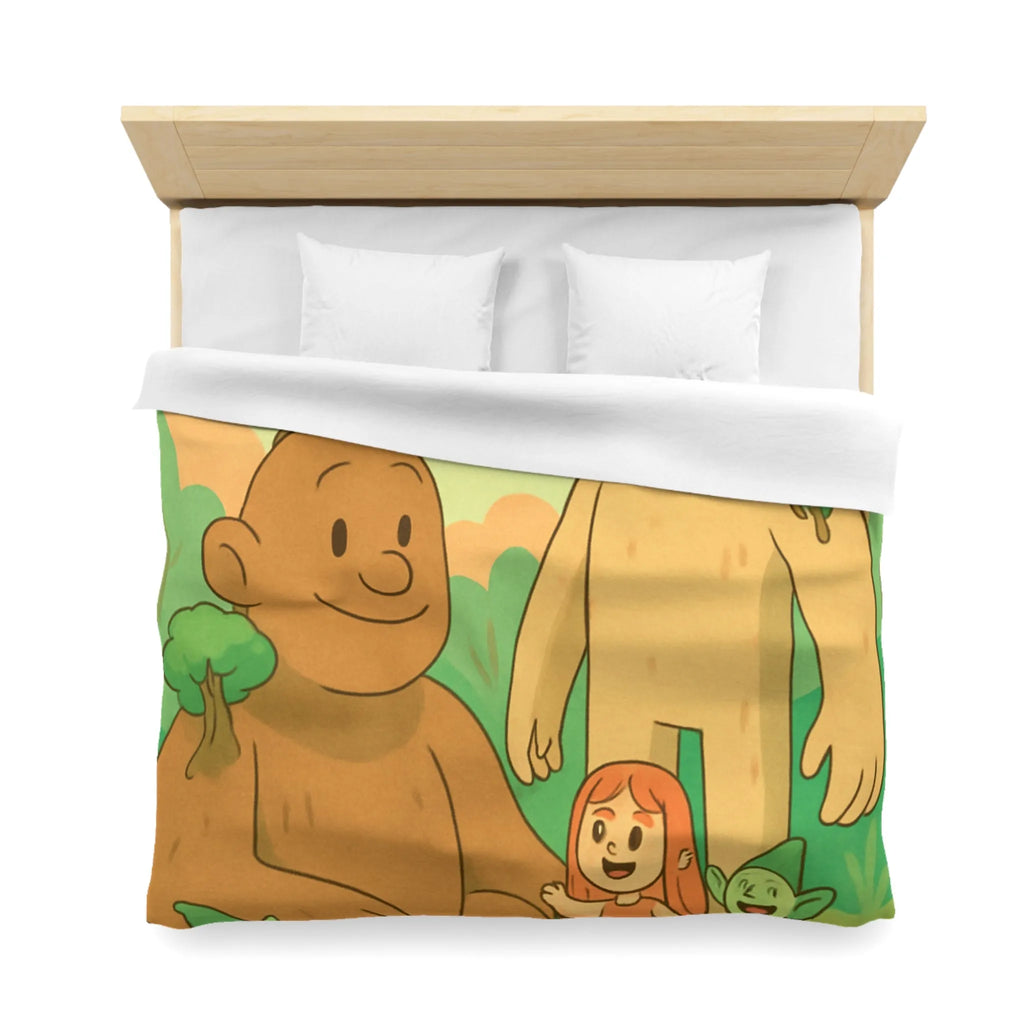 Housse de couette fantastique avec géants arborés et lutins dans une forêt enchantée