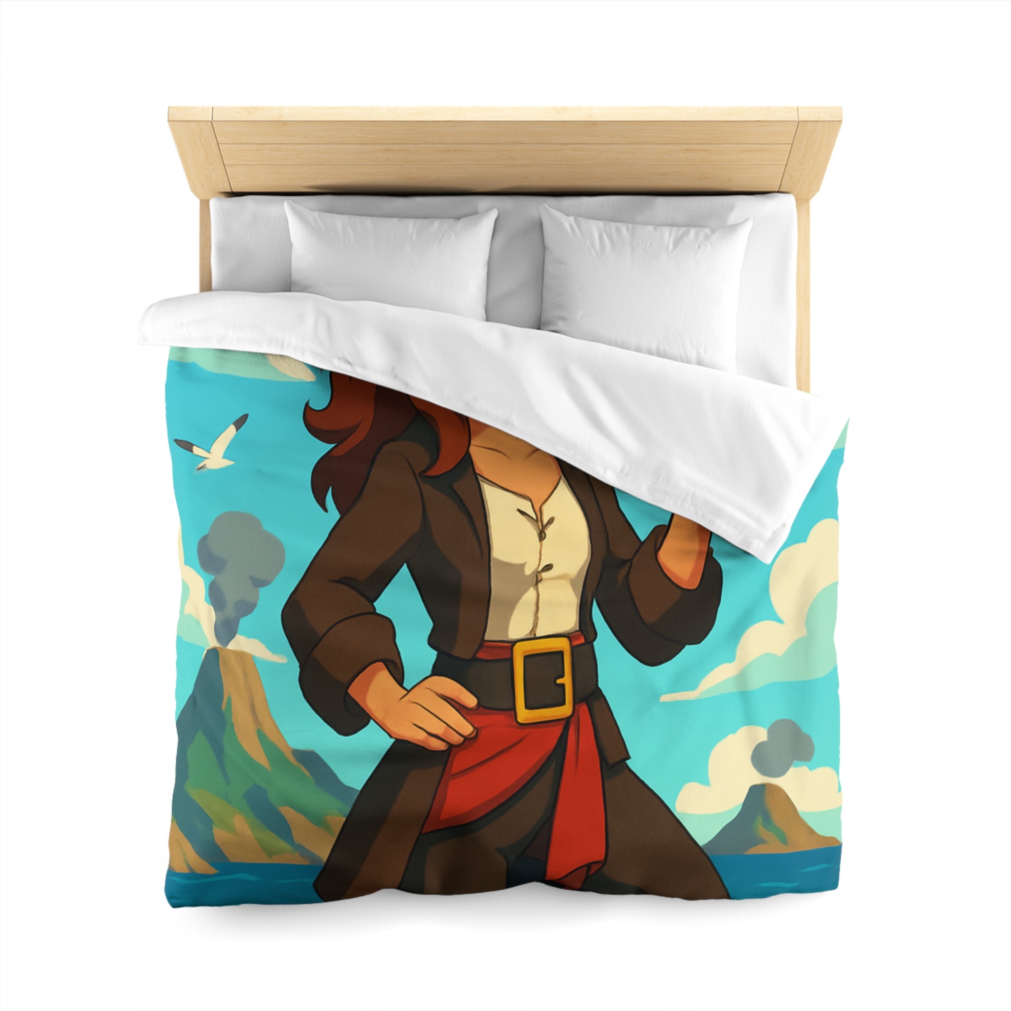 Housse de couette piraterie avec paysage maritime et aventurière avec boussole