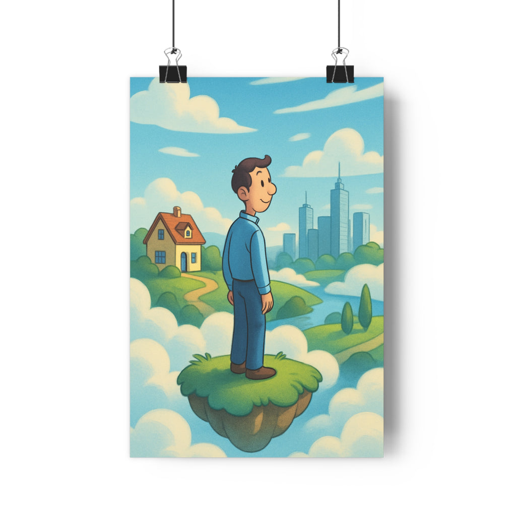 Poster décoratif dessin animé bleu vert paisible onirique chambre bureau maison nuages terre homme