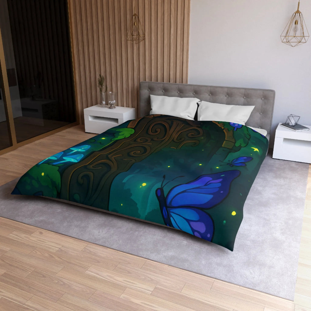 Housse de couette magique bleu papillons et porte en bois mystérieuse forêt enchantée