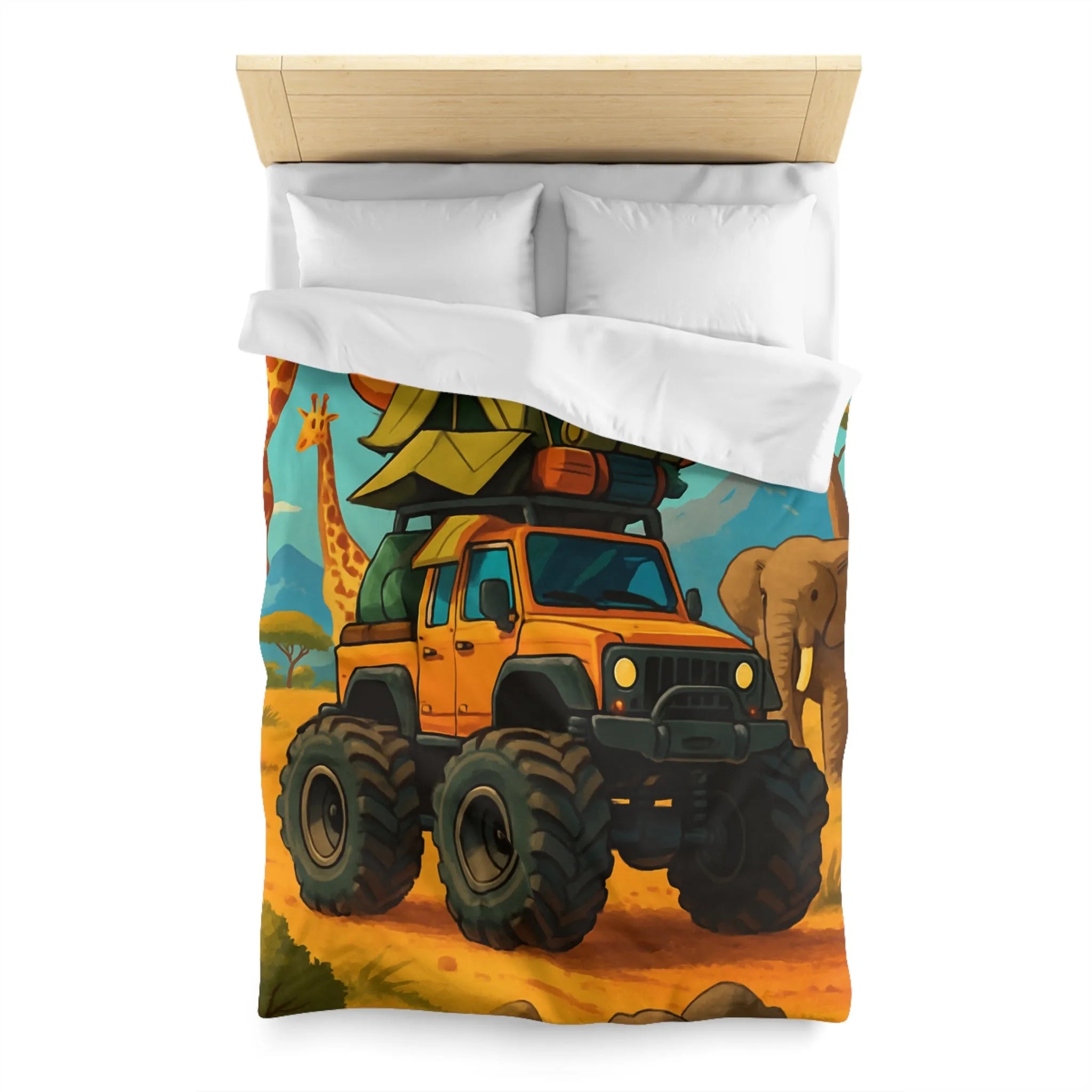 Housse de couette colorée avec véhicule tout-terrain et animaux dans la savane africaine