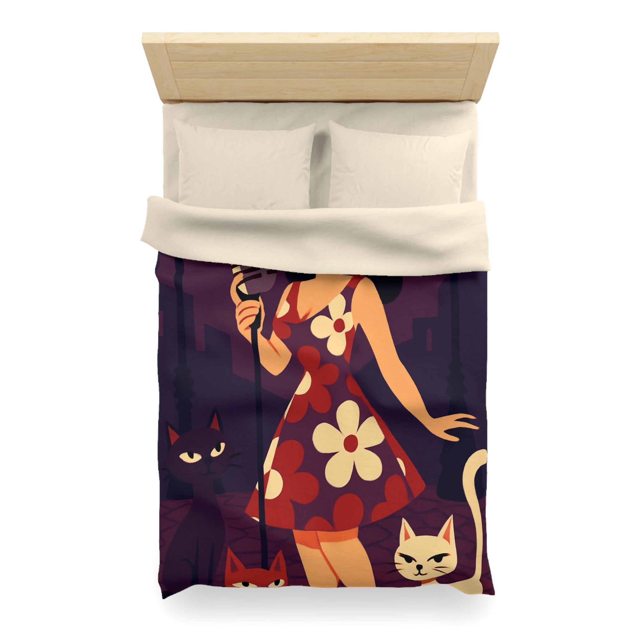 Housse de Couette Vintage avec Chanteuse Rétro et Chats sous Réverbères Nocturnes