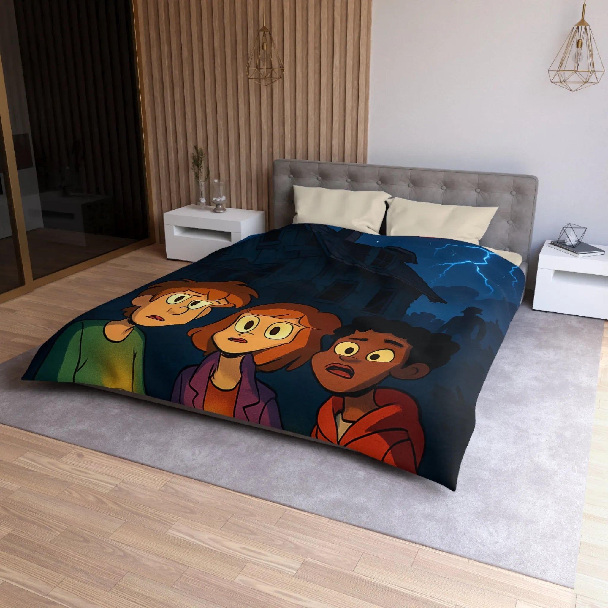 Housse de couette aventure mystérieuse, enfants explorant maison hantée sous lune rouge intrigante