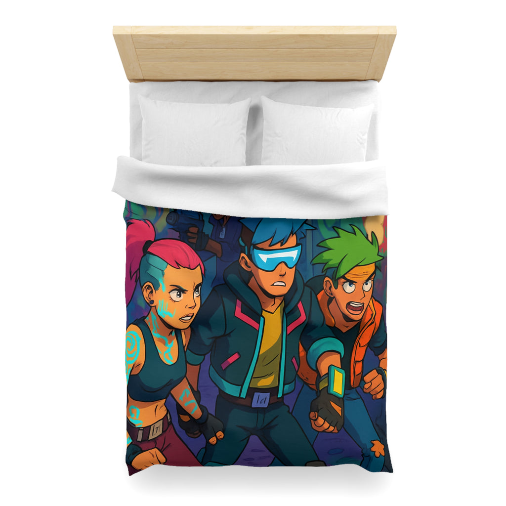 Housse de couette néon rétro avec personnages futuristes dans ruelle urbaine animée