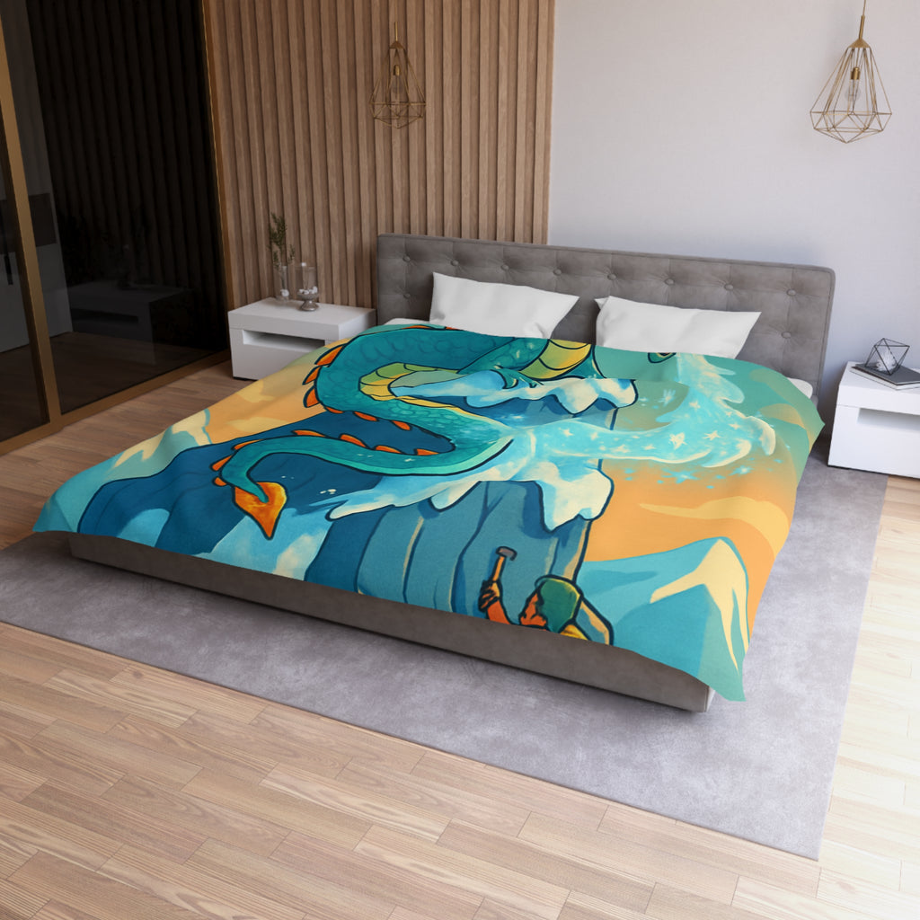 Montagne enneigée gardée par un dragon crachant de la glace, aventure épique illustrée