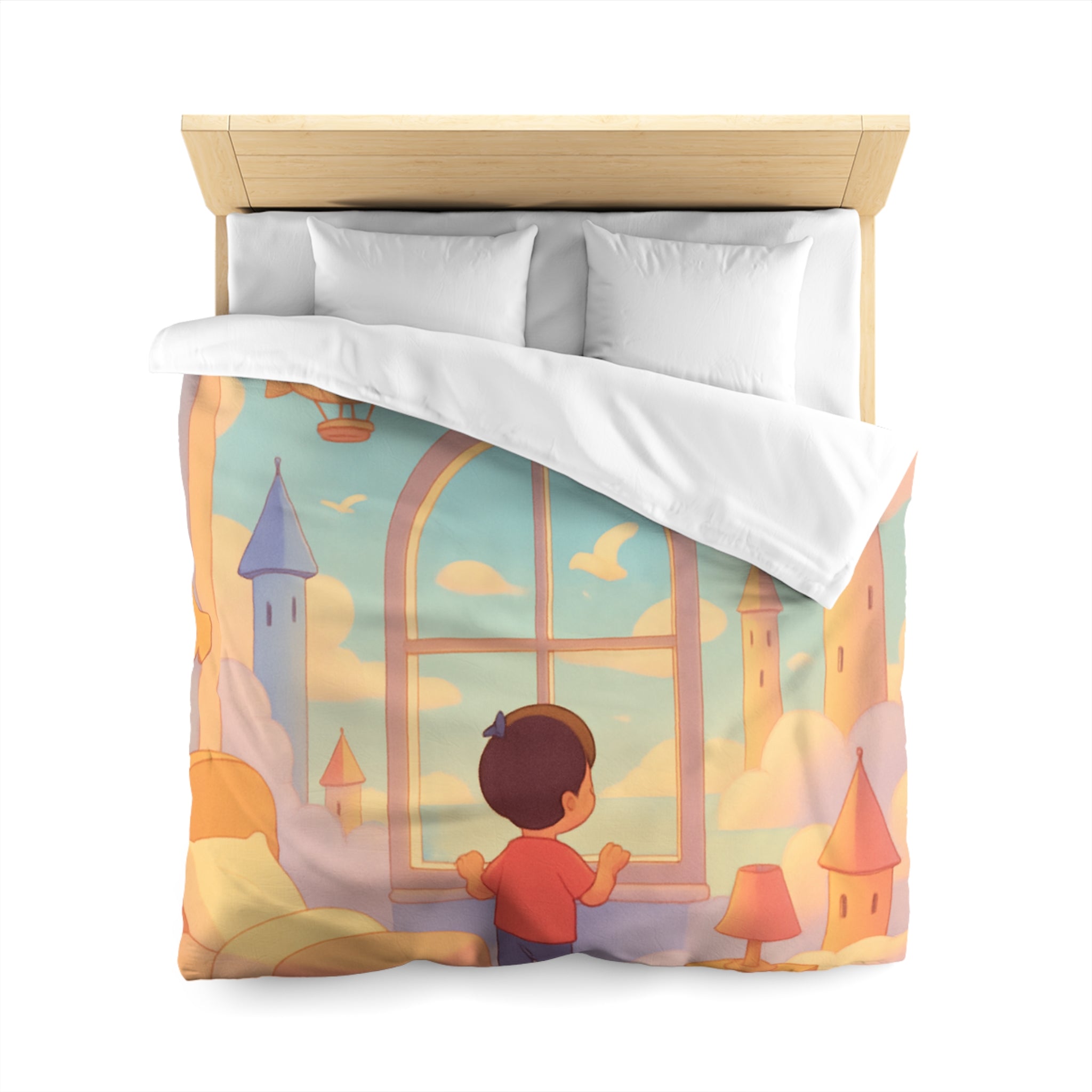 Housse de couette rêveuse enfantine avec nuages, dirigeables et oiseaux volants paisibles