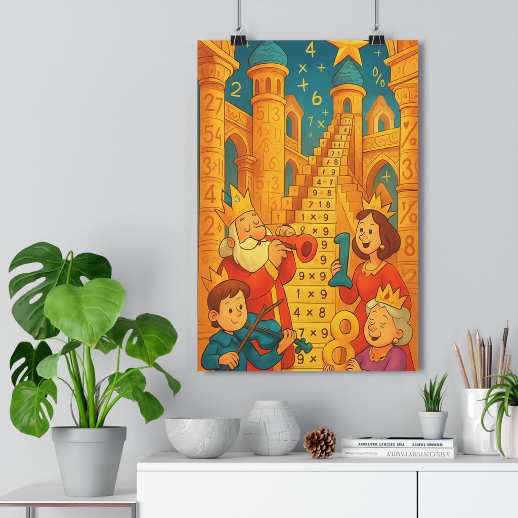 Poster décoratif cartoon enchanté or bleu chambre enfant ludique château mathématiques étoile royale joyeux