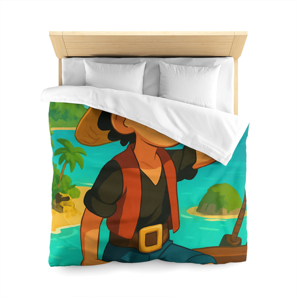 Housse de couette tropicale enfant avec pirate aventurier sur fond d'île paradisiaque