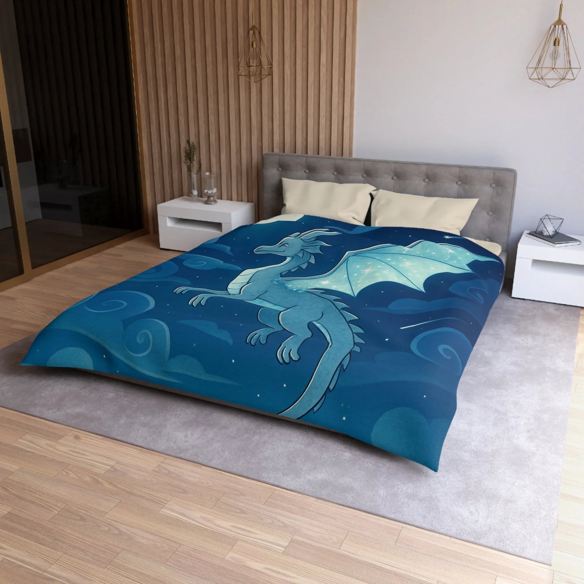 Housse de couette avec dragon bleu étincelant volant sous lune et étoiles scintillantes