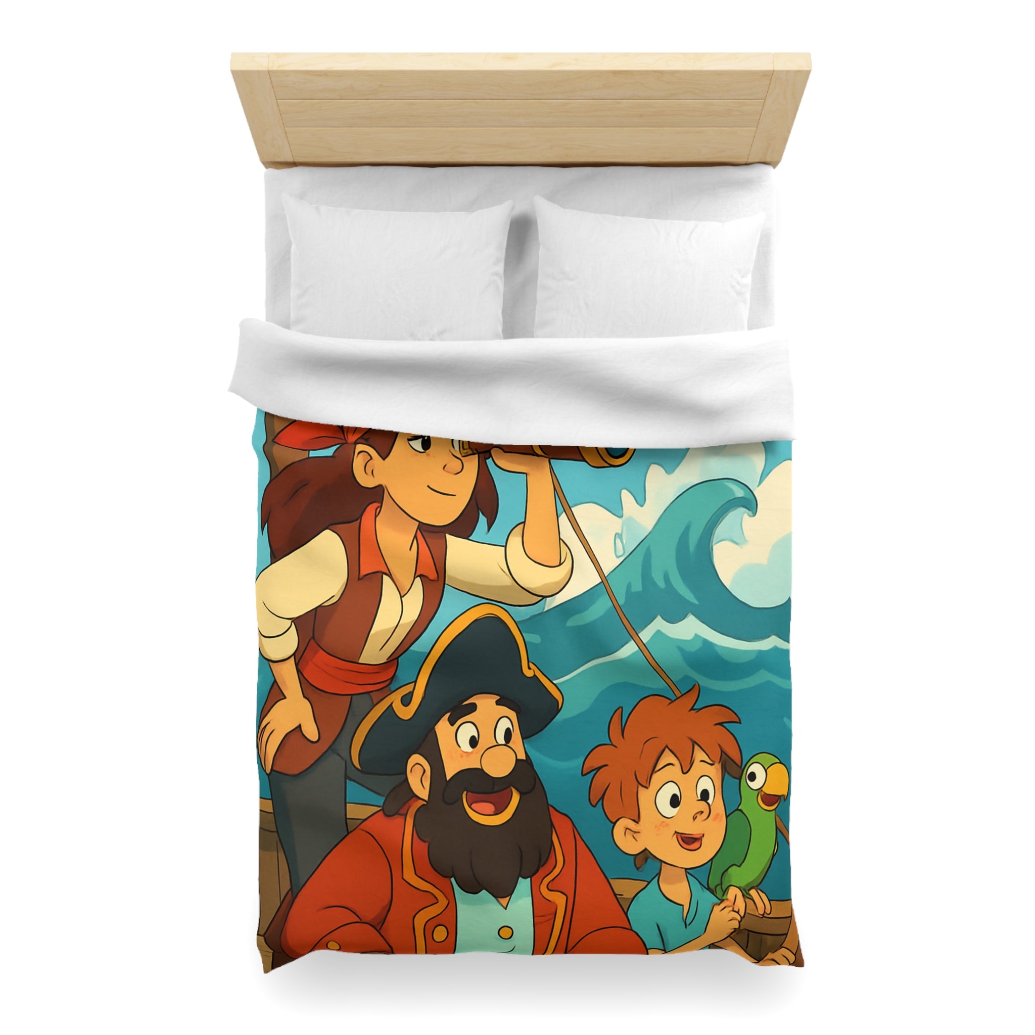 Housse de couette pirate avec poisson doré et personnages aventuriers sur l'océan