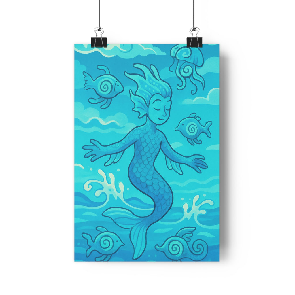 Poster décoratif créature marine sirène bleu pastel cartoon onirique chambre enfant détente 30x46 cm