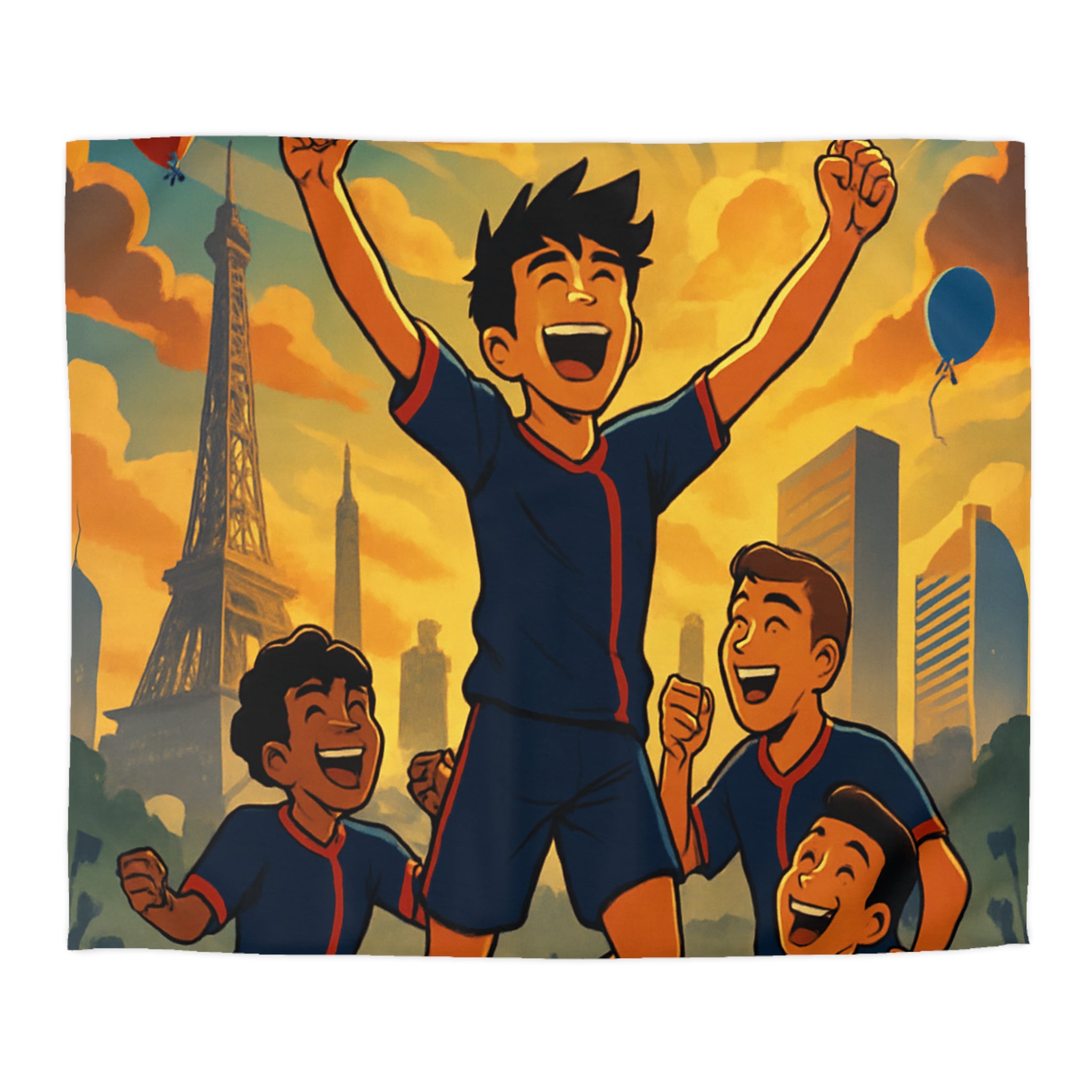 Housse de couette pour enfants avec footballeurs enthousiastes devant paysage urbain en coucher de soleil
