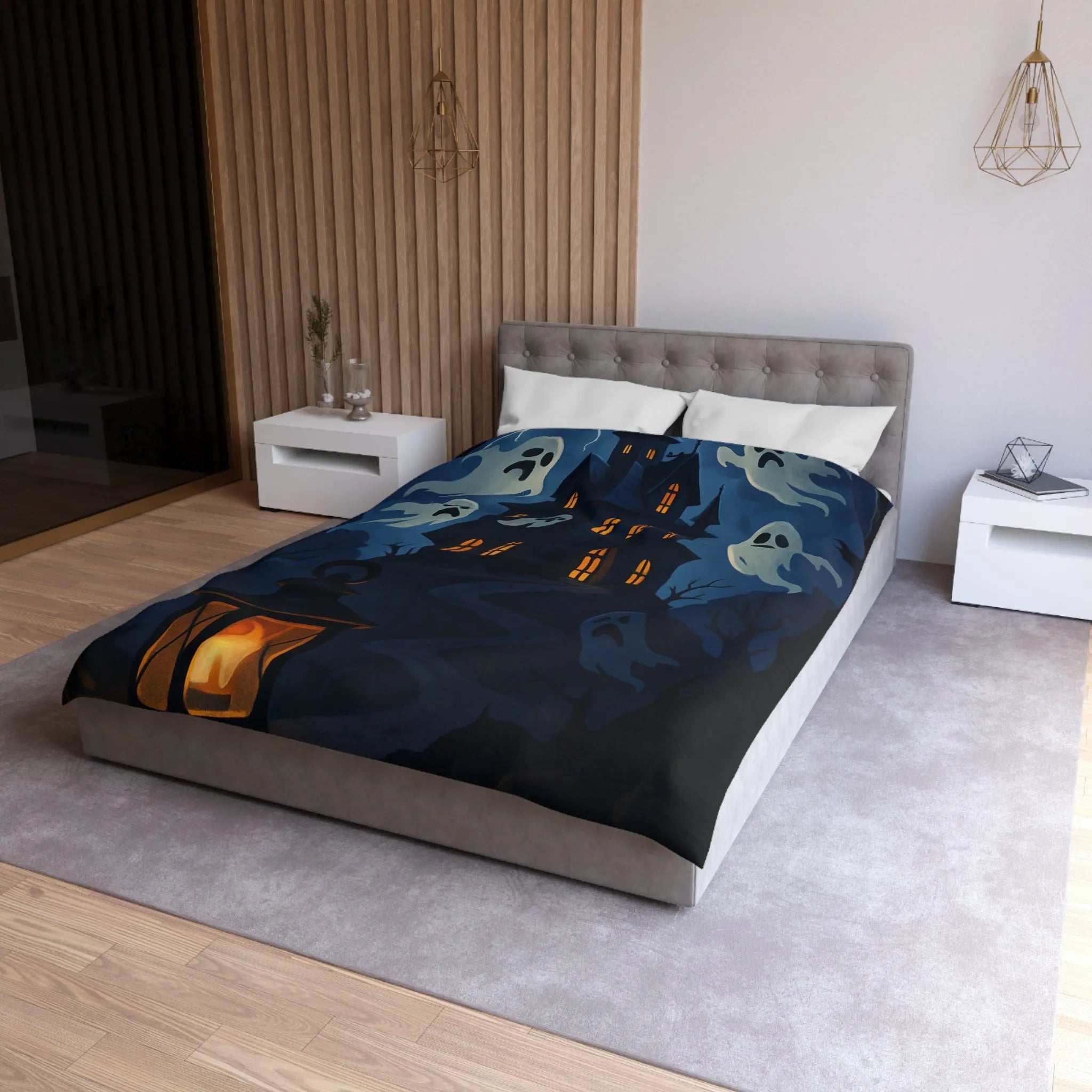 Housse de couette avec château hanté, fantômes, ciel orageux et lanterne mystérieuse