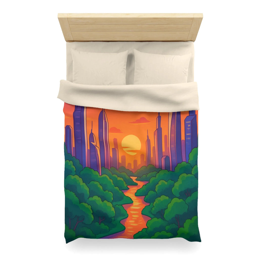 Housse de couette avec illustration urbaine et naturelle au coucher du soleil envoûtant