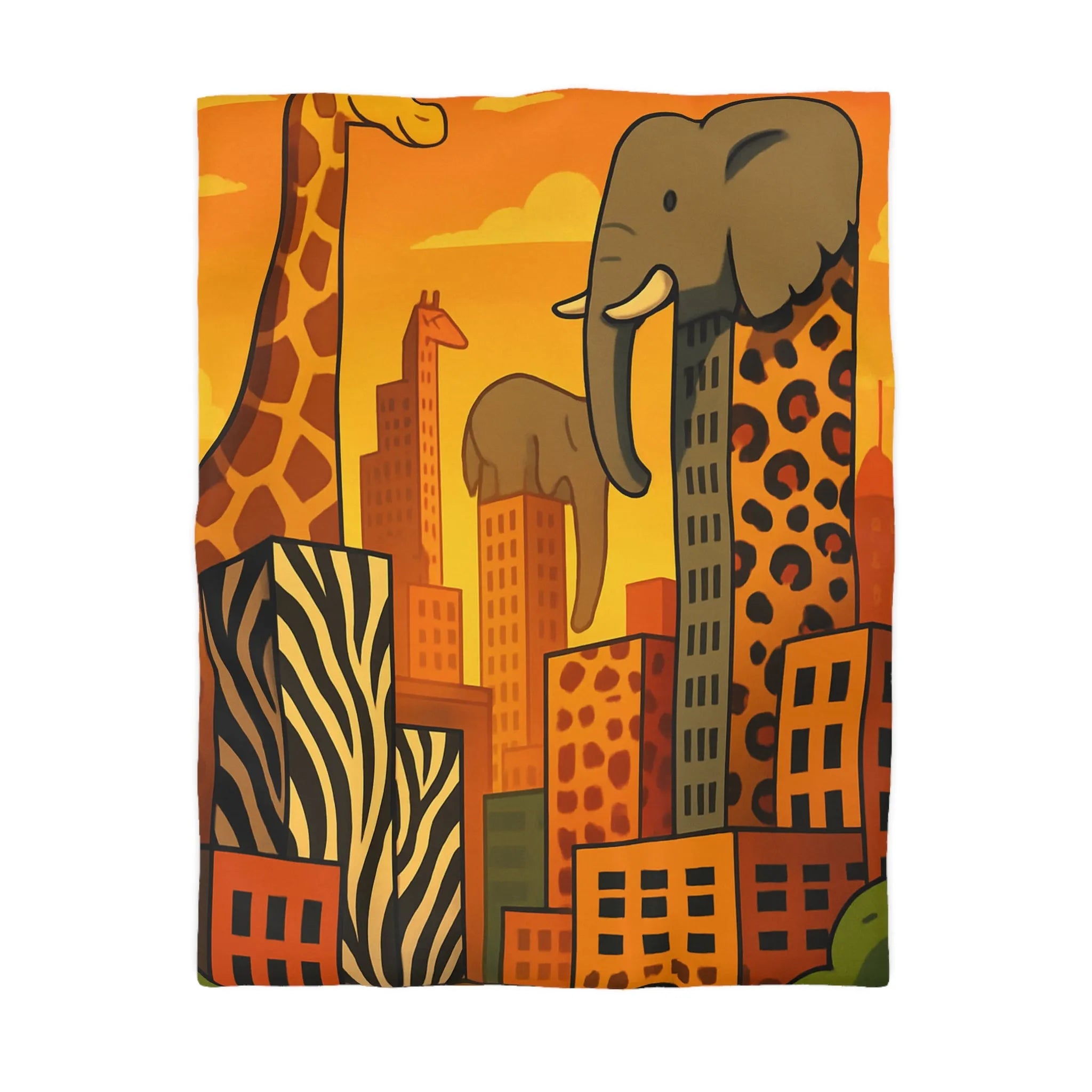 Housse de couette jungle urbaine : gratte-ciel animaux dans tons chauds, motif sauvage