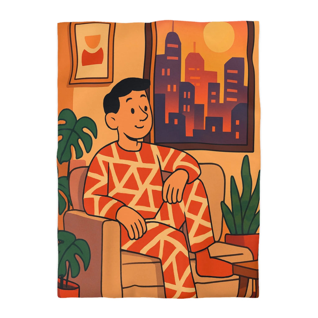 Housse de couette aux motifs géométriques avec scène de coucher de soleil en ville