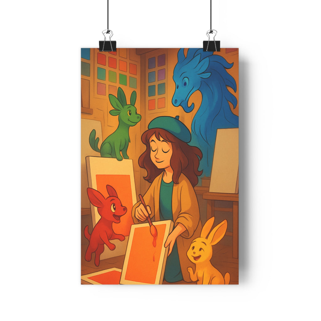 Poster décoratif artistique coloré bleu rouge jaune vert surréaliste joyeux enfant chambre unique style