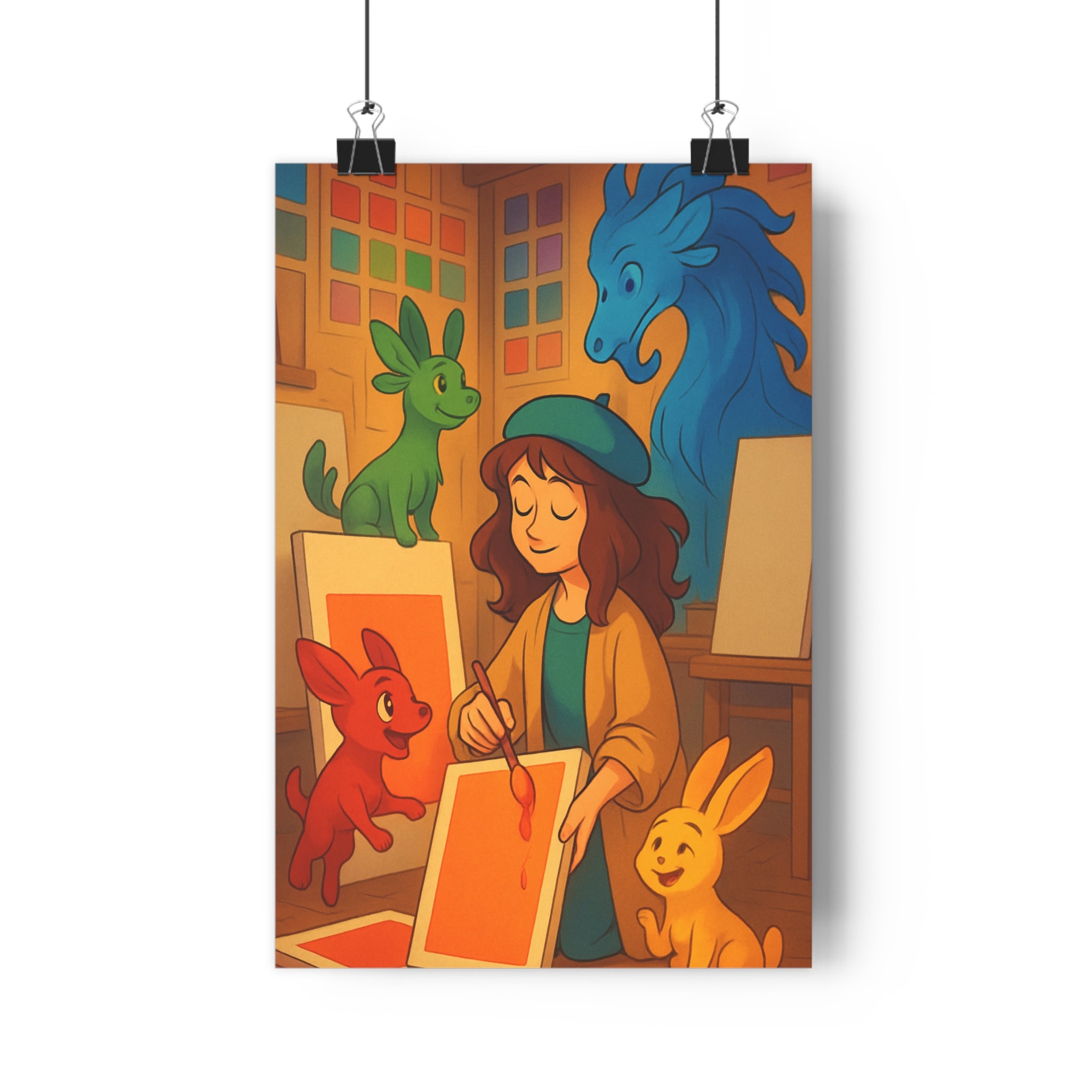 Poster décoratif artistique coloré bleu rouge jaune vert surréaliste joyeux enfant chambre unique style