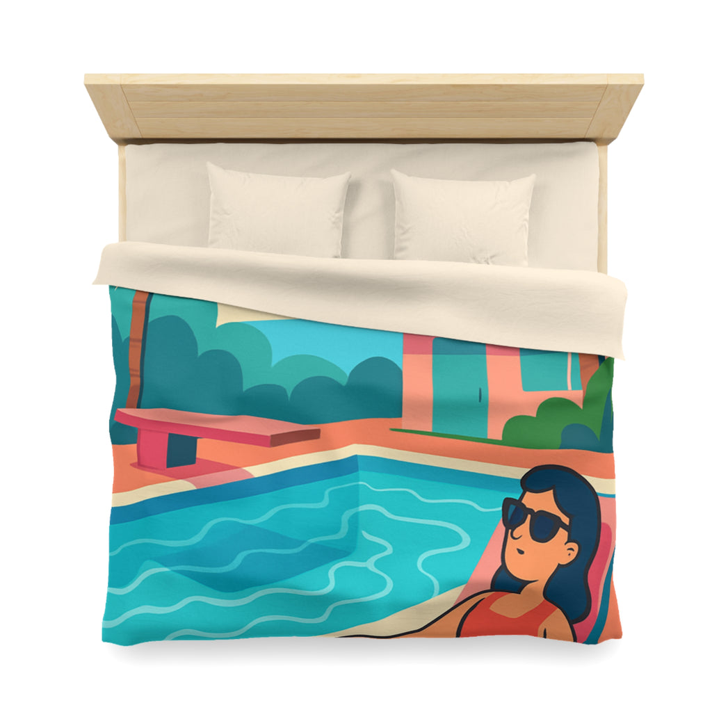 Vibrante housse de couette avec illustration de piscine et palmiers ambiance tropicale