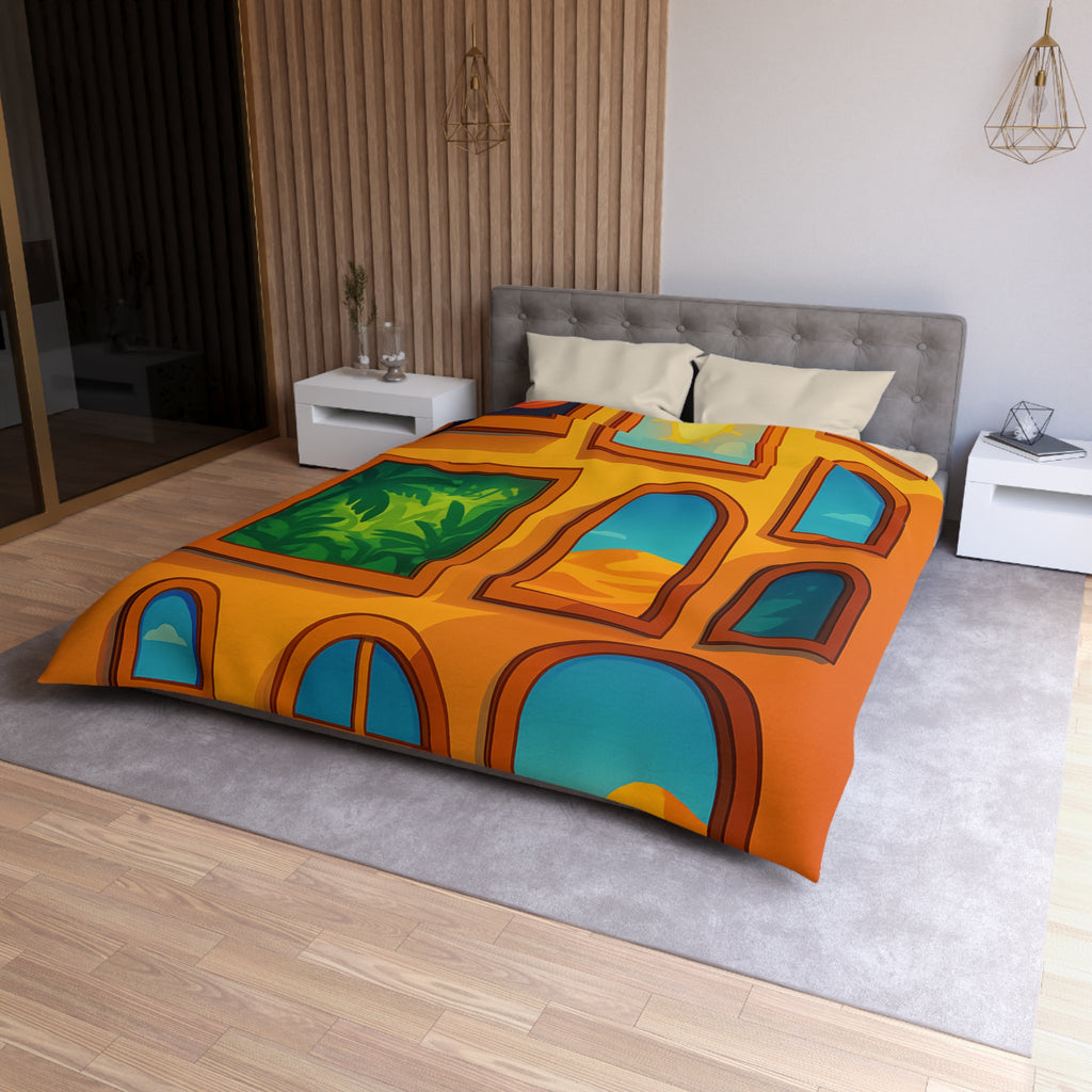 Housse de couette vibrante avec fenêtres sur l'univers et paysages exotiques