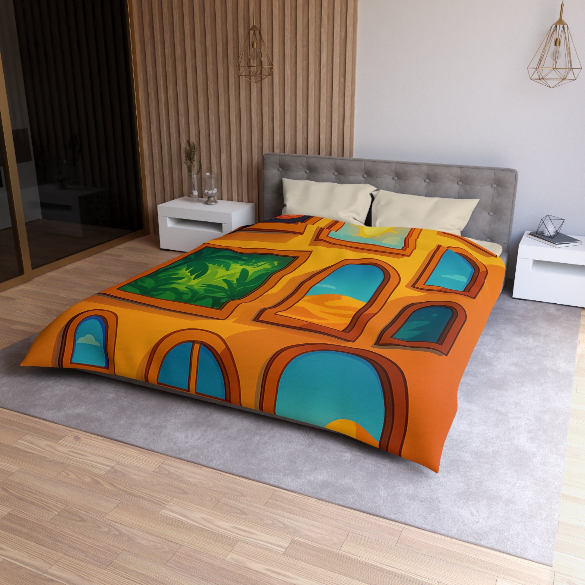 Housse de couette vibrante avec fenêtres sur l'univers et paysages exotiques