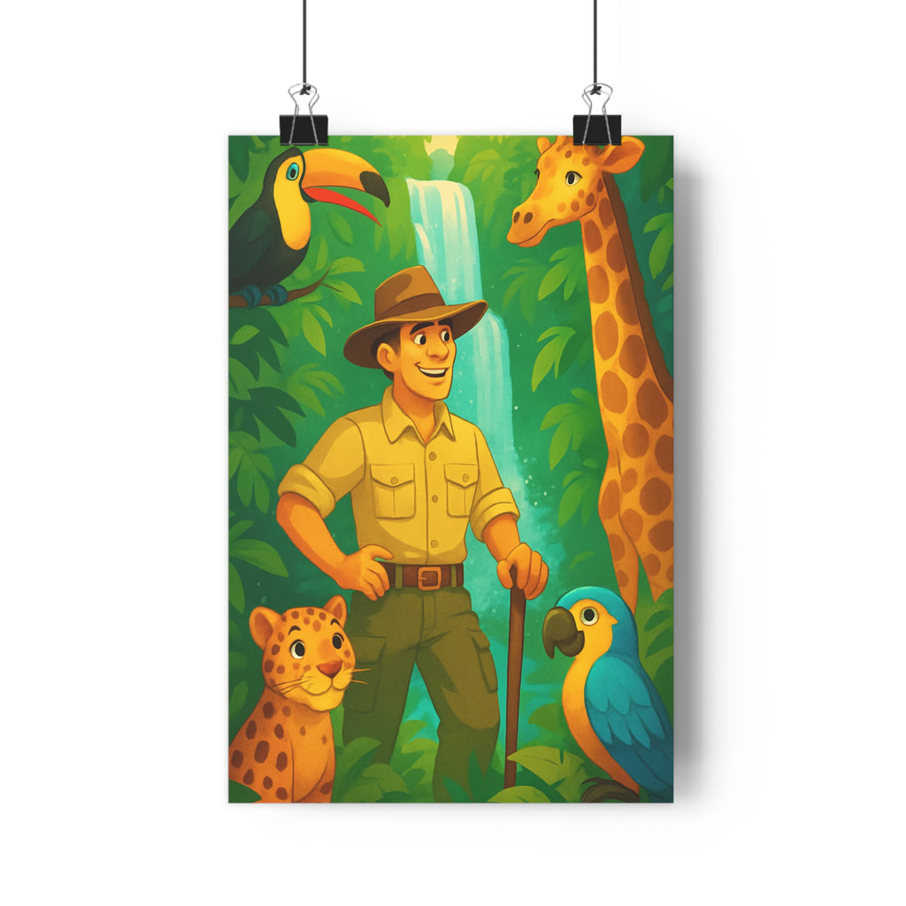 Poster décoratif aventure jungle vert jaune enfant explorateur cascade nature animaux vif coloré 30x46