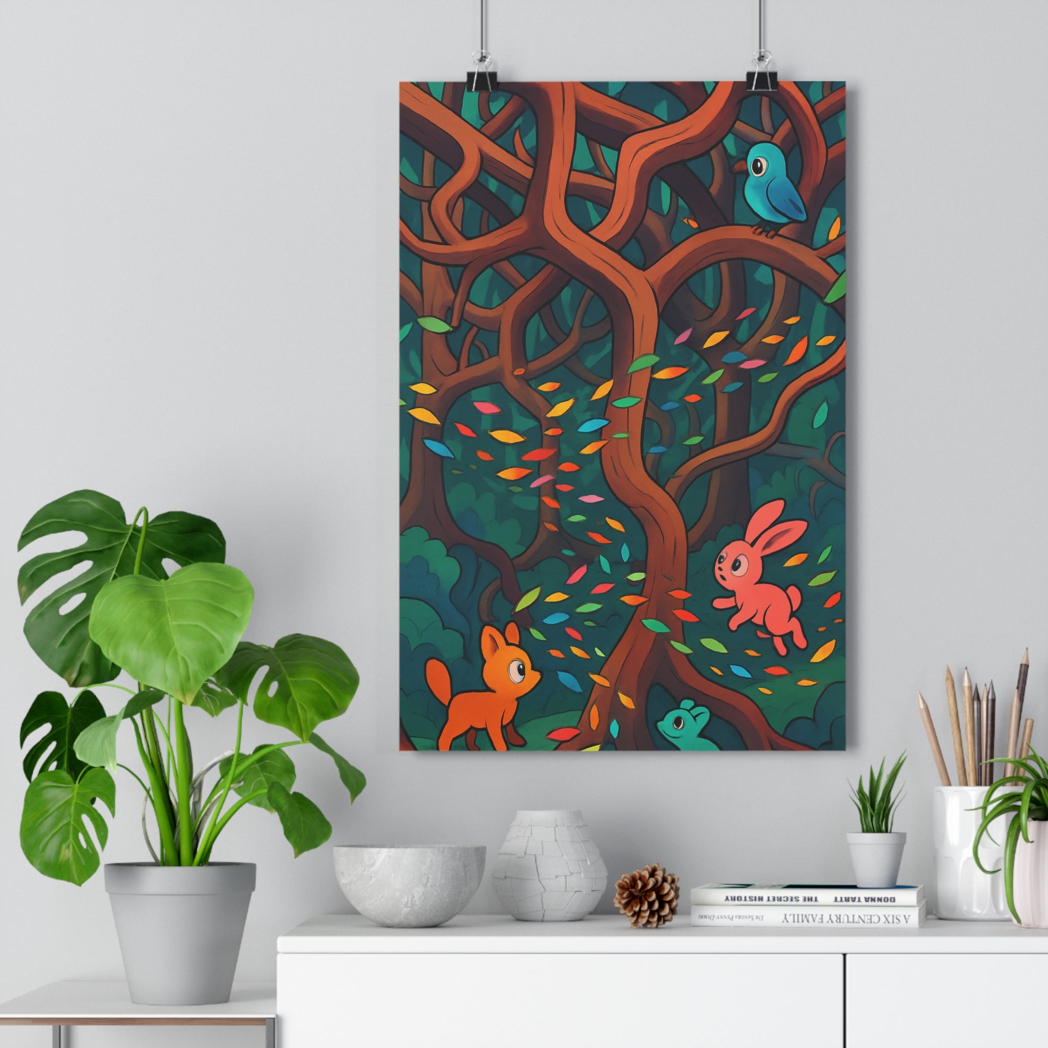 Poster décoratif fantastique forêt enchantée coloré animaux lapin renard caméléon magique cartoon enfant chambre