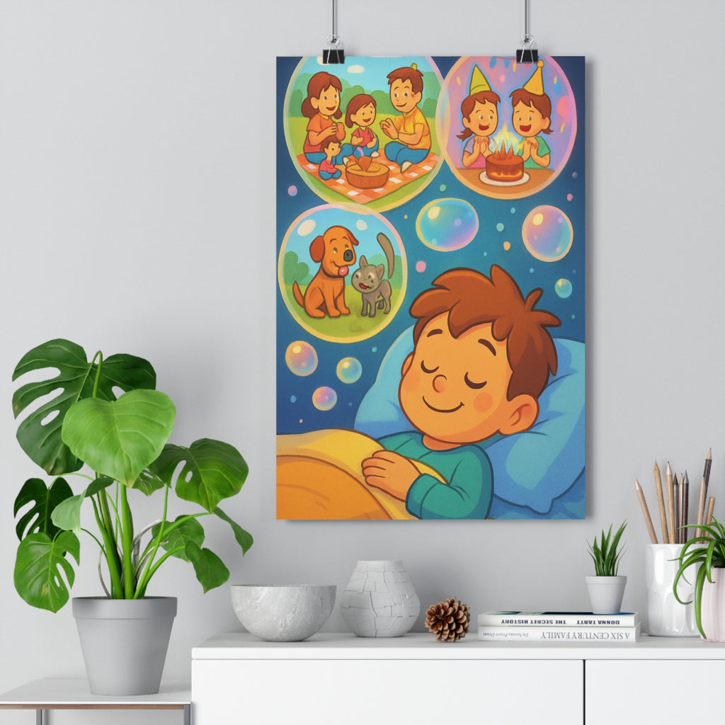 Poster décoratif enfant rêveur joyeux coloré animé chambre bonheur famille animaux doux apaisant vibrant