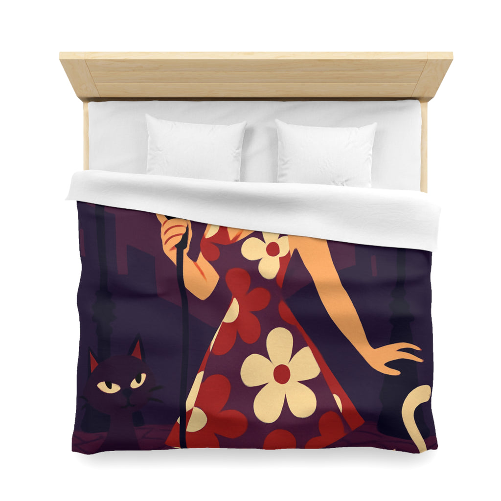 Housse de Couette Vintage avec Chanteuse Rétro et Chats sous Réverbères Nocturnes
