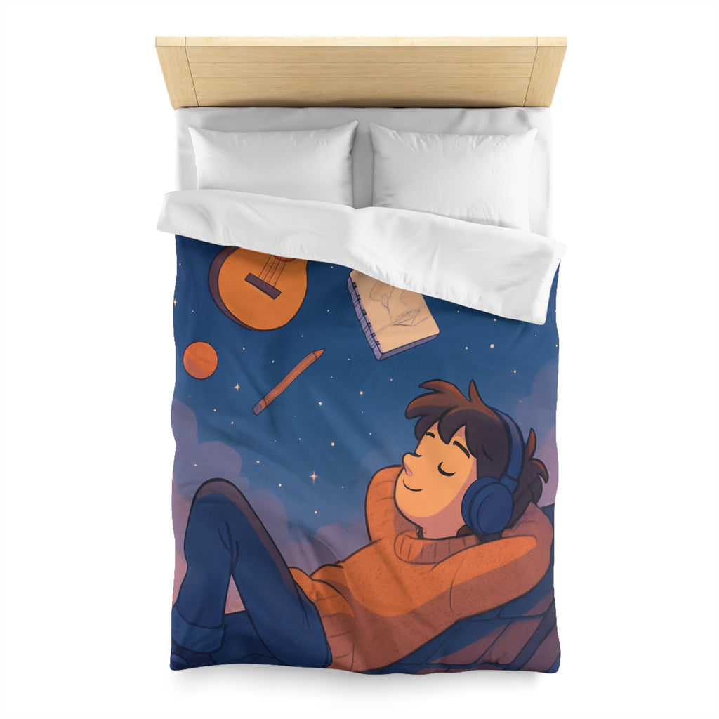 Housse de couette rêve étoilé avec guitare, planètes et rêverie d'artiste
