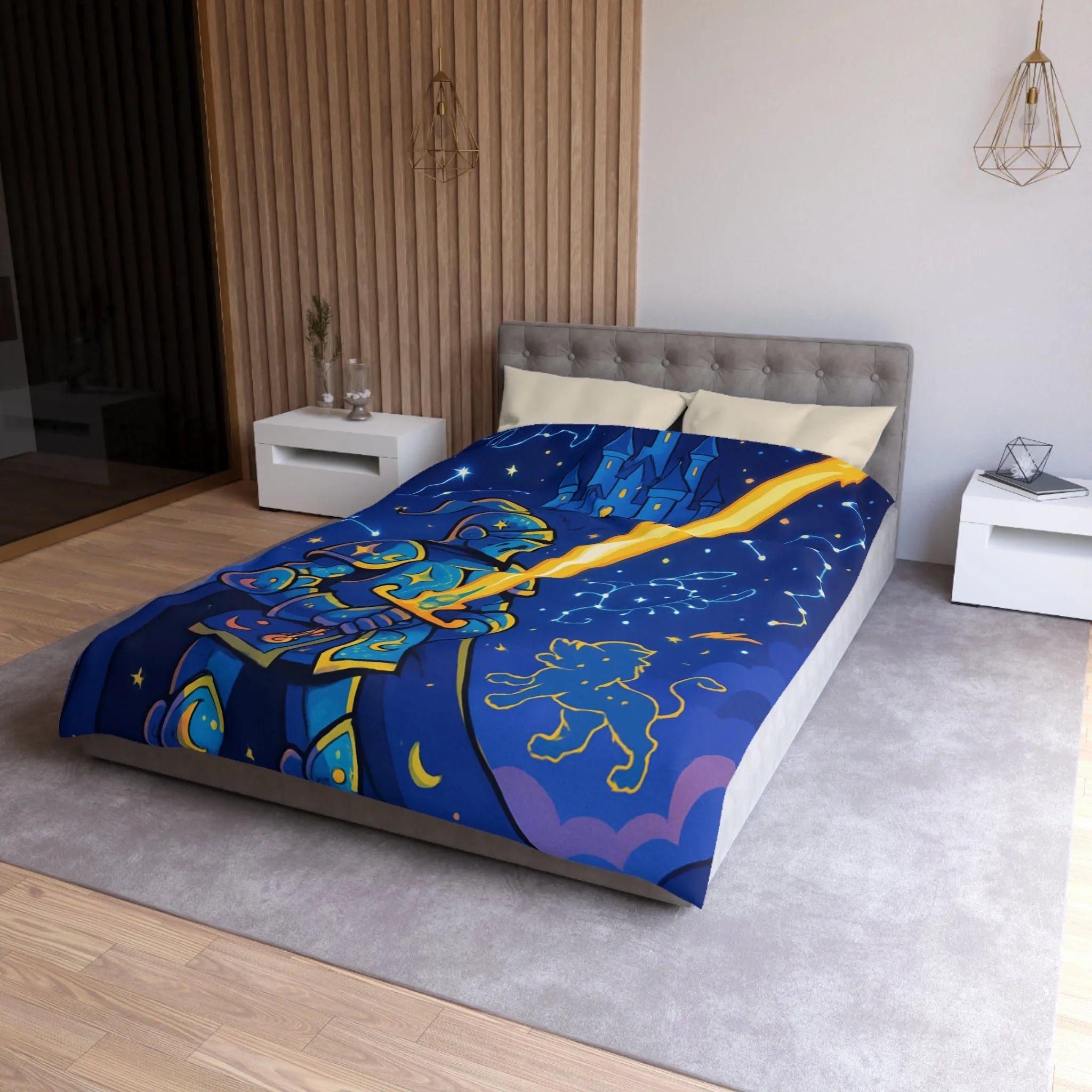 Housse de couette ludique pour chambre enfant avec chevalier et constellations étoilées magiques