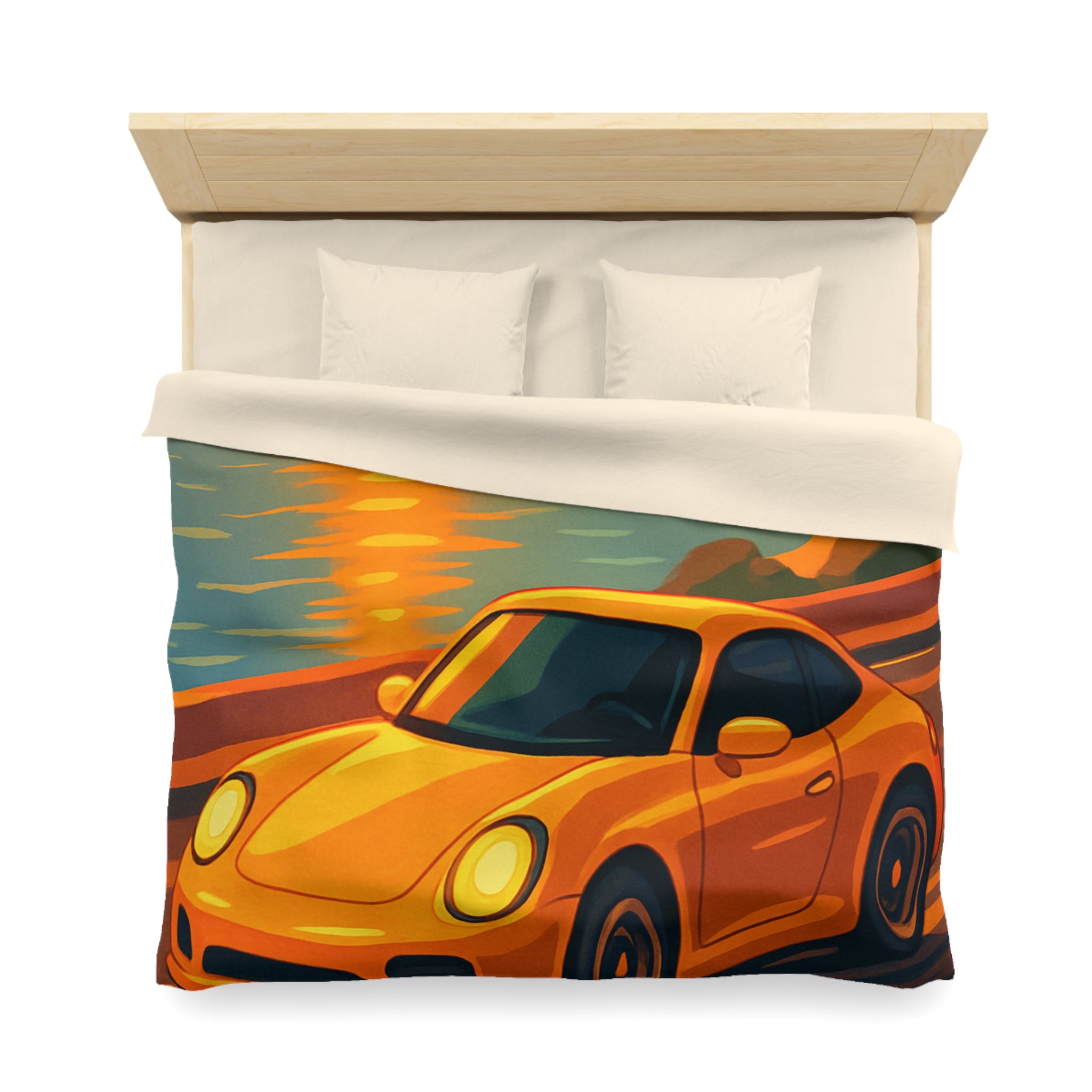 Housse de couette voiture sportive orange route côtière coucher de soleil paysage vibrant