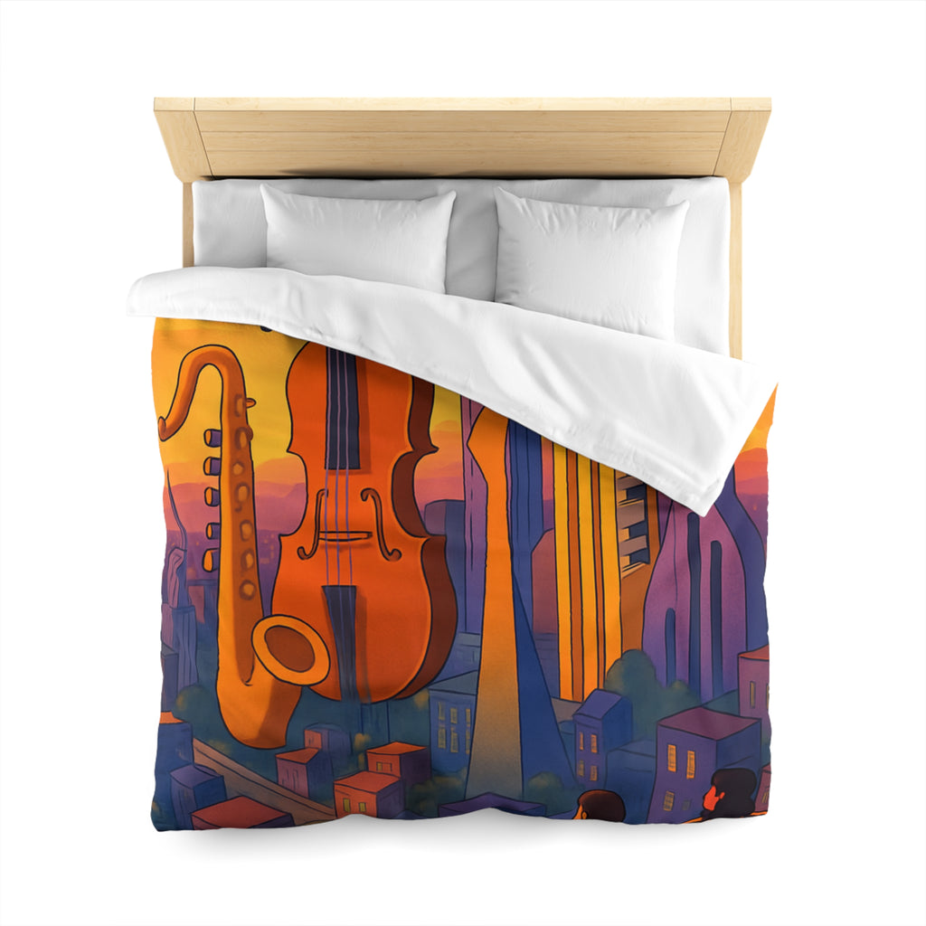 Housse de couette urbaine avec des instruments géants flottant au coucher de soleil vibrant